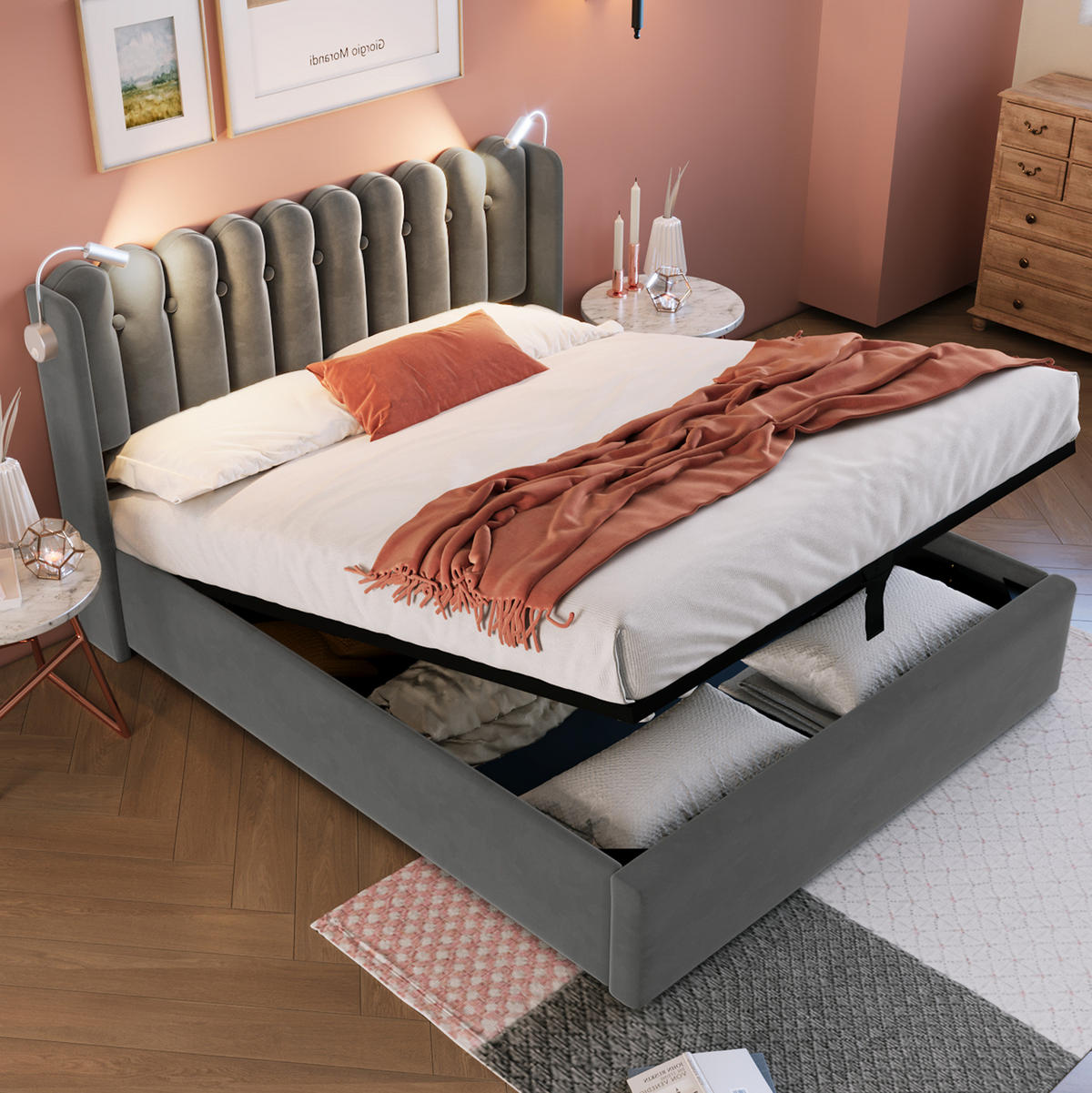 POLSTERBETT 140/200 cm Grau aus Samt mit Bettkasten - Grau, Textil (140/200cm) - OKMYHOME