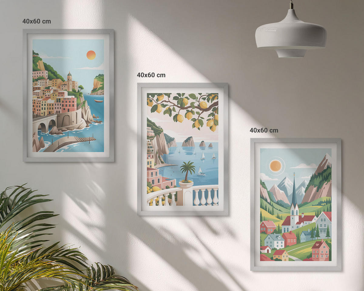 BILDER SET 3er Set - 40x60 cm Silberner Rahmen - Landschaften, Meer, Zitrusfrüchte - Silberfarben, Kunststoff (40/60cm) - TULUP