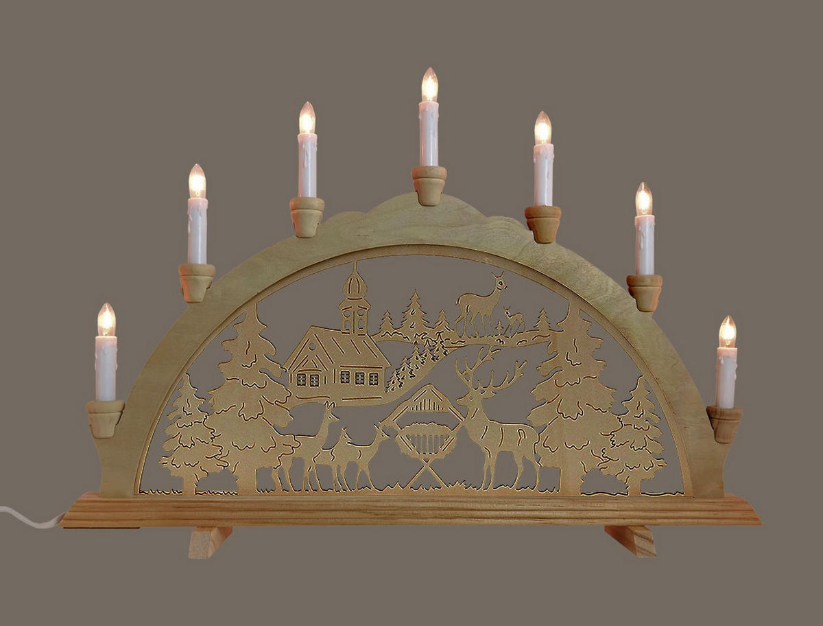 SCHWIBBOGEN Waldkirche und Rehe 7-flammig - Multicolor, Holz (0.1/1/0.1cm) - Dekoteam24