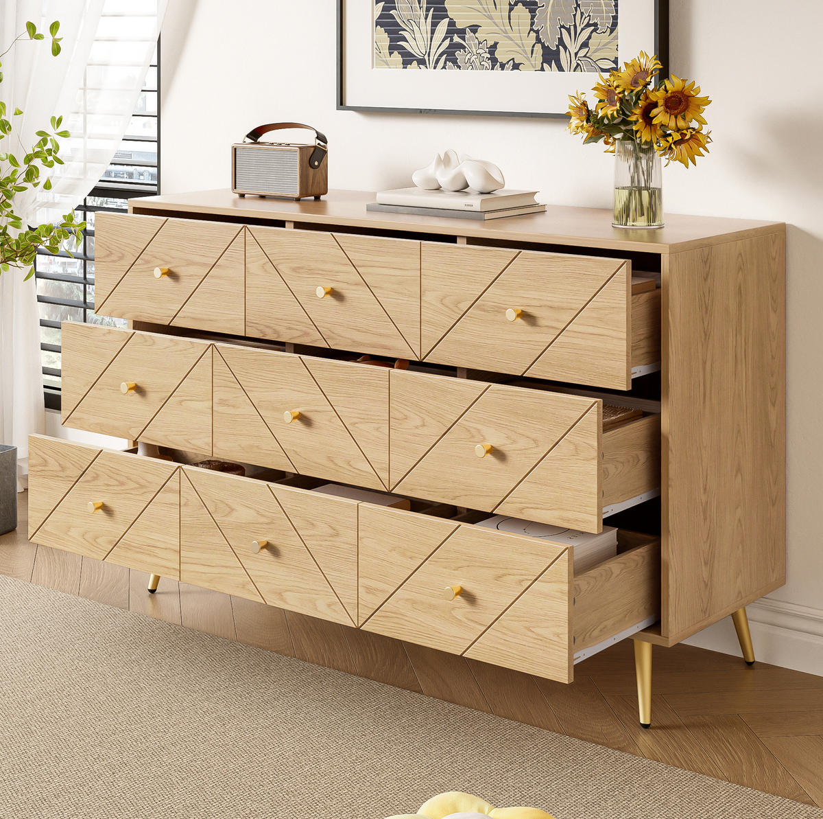 KOMMODE 120/39/80 cm in Natur mit 9 Schubladen und Eisenbeinen - Naturfarben, Holzwerkstoff (120/80/39cm) - Flora Grace
