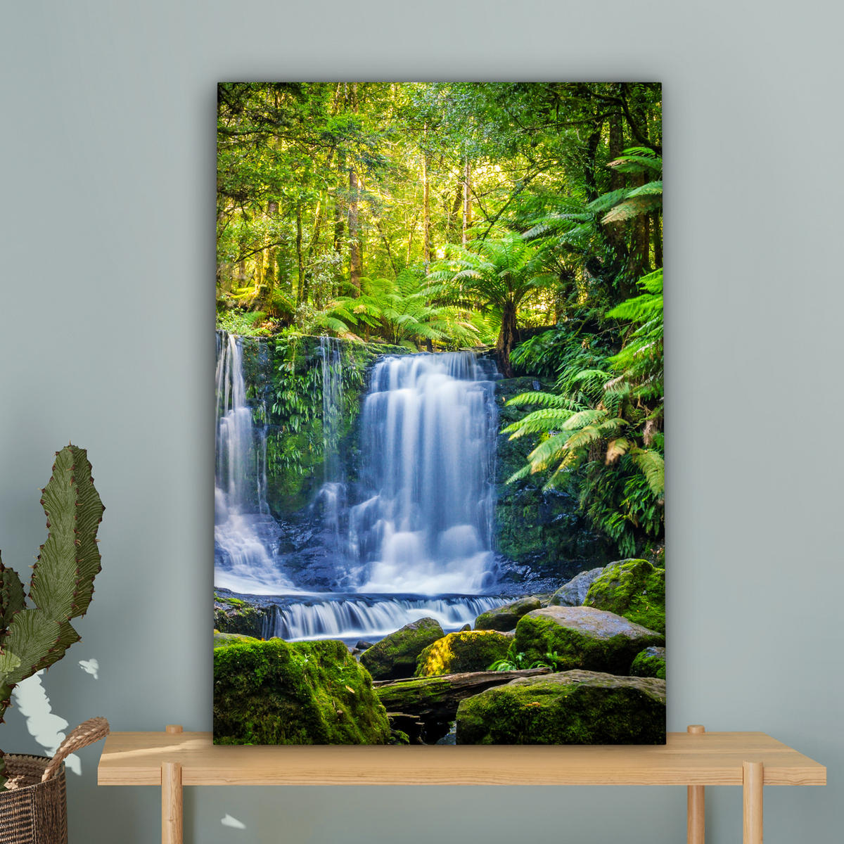 LEINWANDBILD Dschungel - Wasserfall - Australien - Pflanzen - Natur Wanddeko Schlafzimmer 60x90 cm - Dunkelgrün, Textil (60/90cm) - MuchoWow