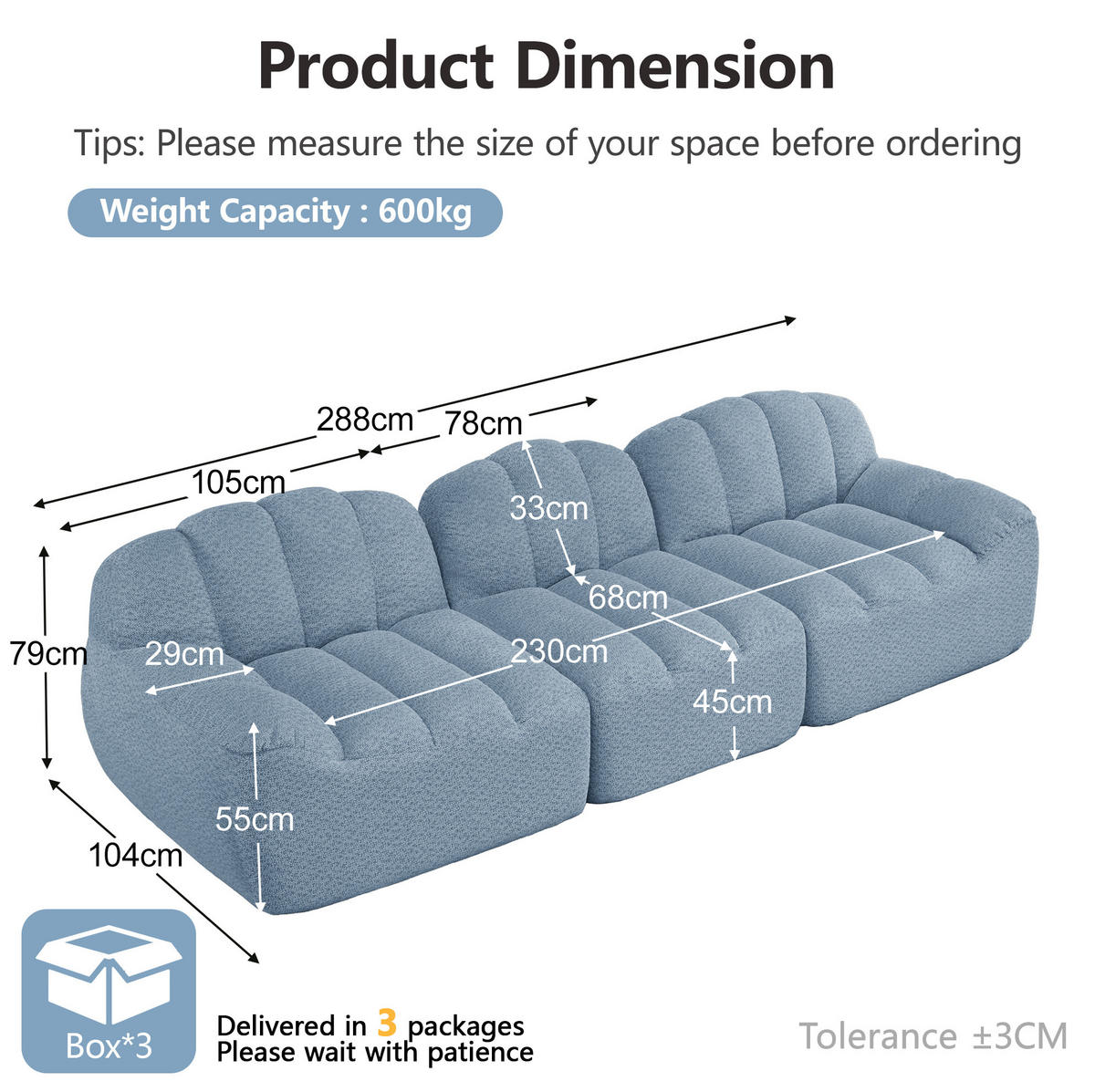 MODULARES 3-Sitzer-Sofa aus granuliertem Fleece mit ergonomischer Form Blau - Blau, Textil (104/79/288cm) - Modenvie