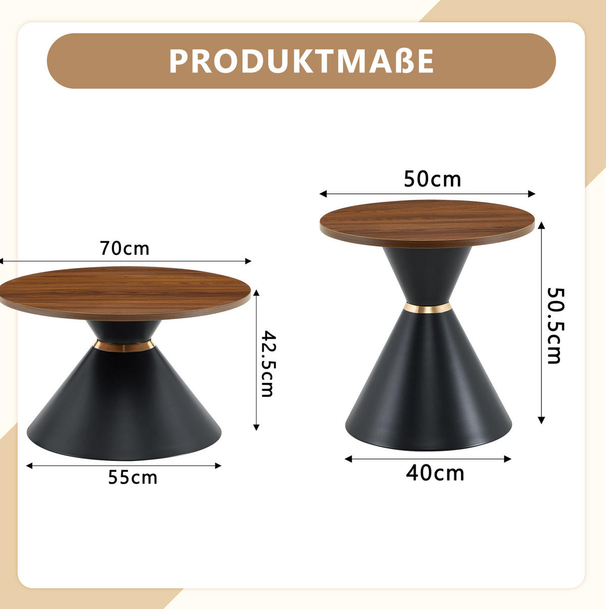 COUCHTISCH-SET 70/70/42,5 cm walnussfarben/schwarz aus Metall mit Konusform - Walnussfarben, Metall (70/70/42.5cm) - OKWISH