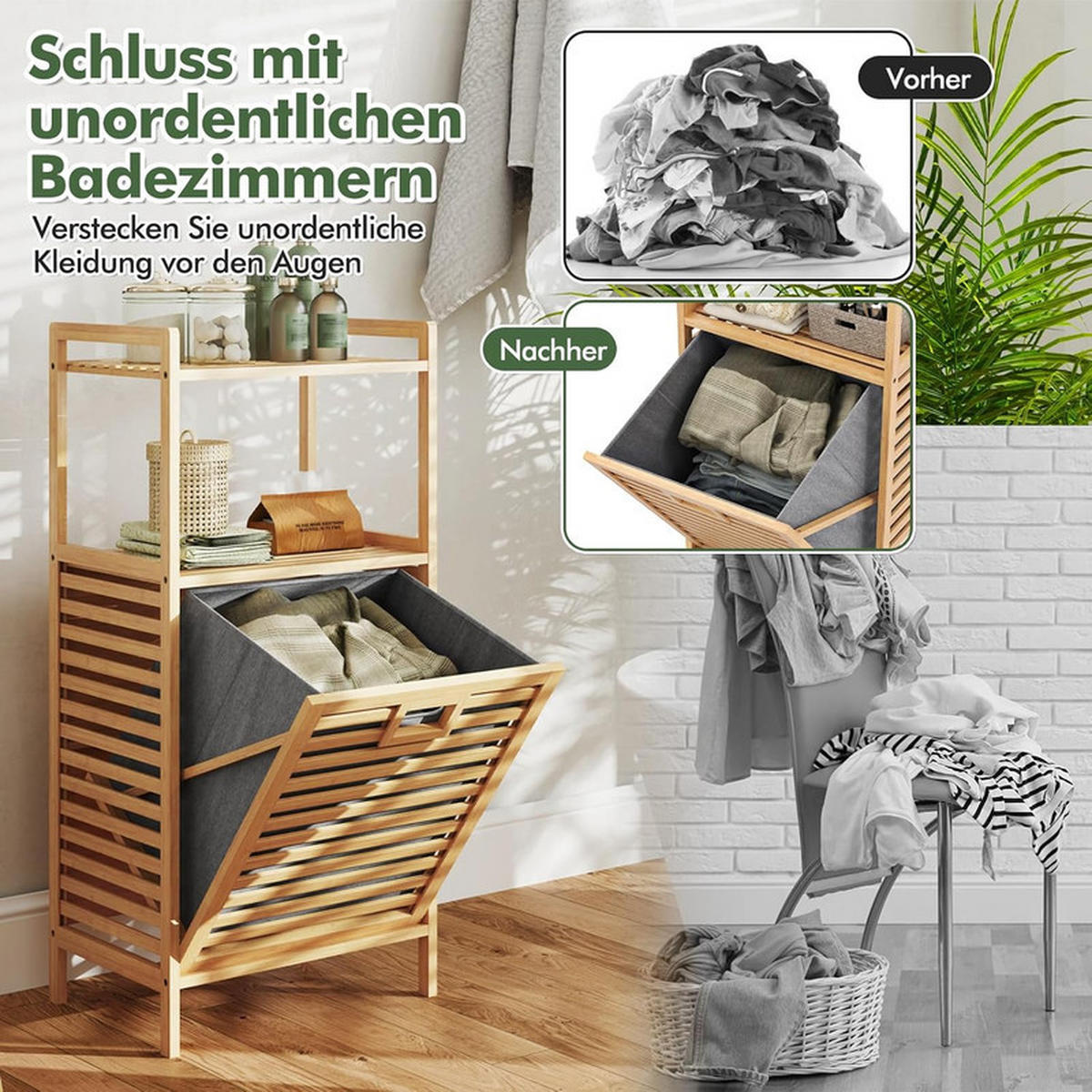 BADREGAL mit Wäschekorb natur - Naturfarben, Naturmaterialien (43.5/96/33cm) - COSTWAY