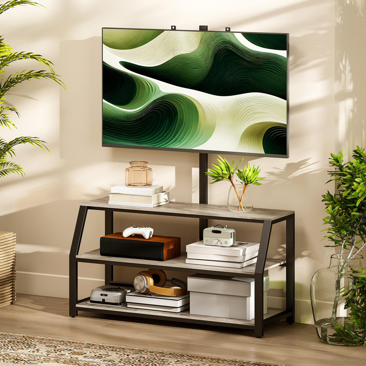 TV-BOARD Grau/Schwarz 110/43/150 cm, mit Halterung, 2 offene Fächer, Metallgestell - Grau, Holzwerkstoff (110/150/43cm) - PANGIVO