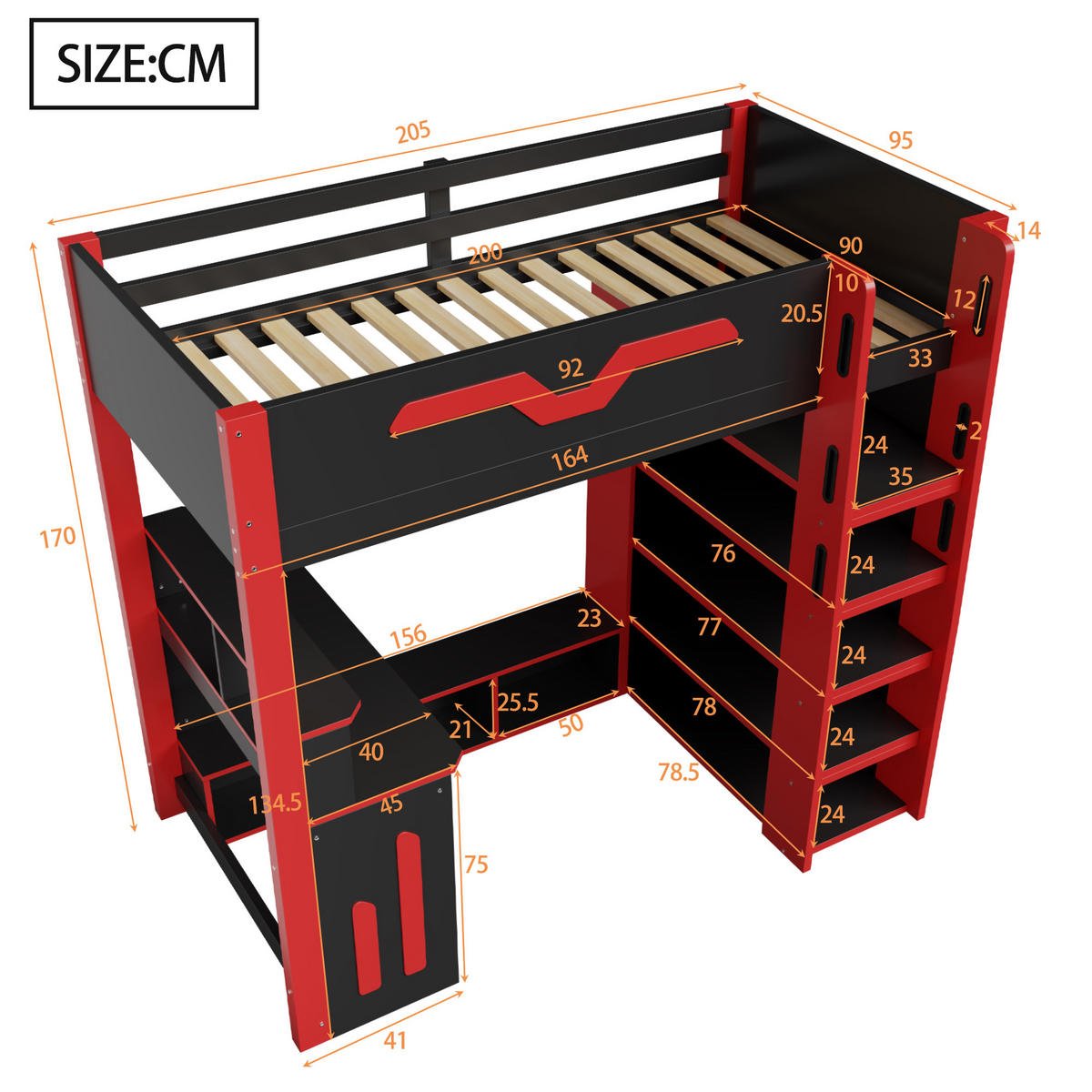 HOCHBETT 90/200 cm in Schwarz & Rot mit Schreibtisch, Regal, Stauraum und LED - Rot/Schwarz, Holzwerkstoff (90/200cm) - STILVORA