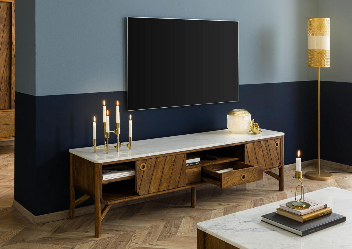 TV-BOARD Mango 180x45x50 braun geölt / echter Marmor LOS ANGELES #03 - Braun, Holz (180/50/45cm) - Massivmoebel24