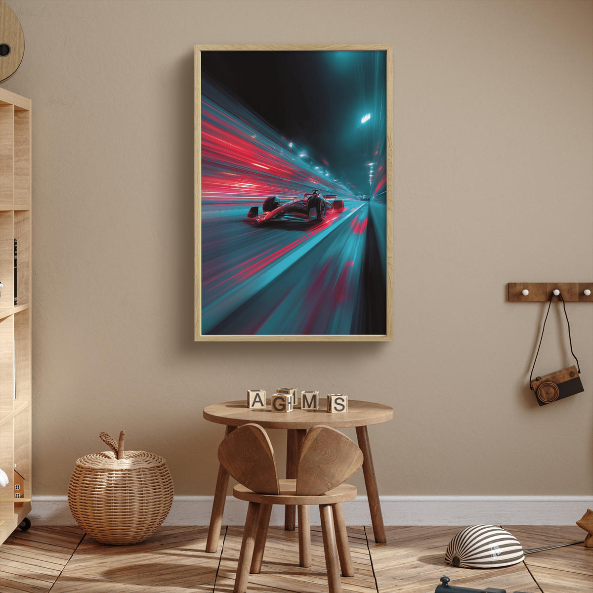 DOBÍJECÍ NOČNÍ LAMPIČKA Závodní auto - Červená - Rychlost 70x100 cm - tyrkysová, kompozitní dřevo (8/70/100cm) - OnlyWow