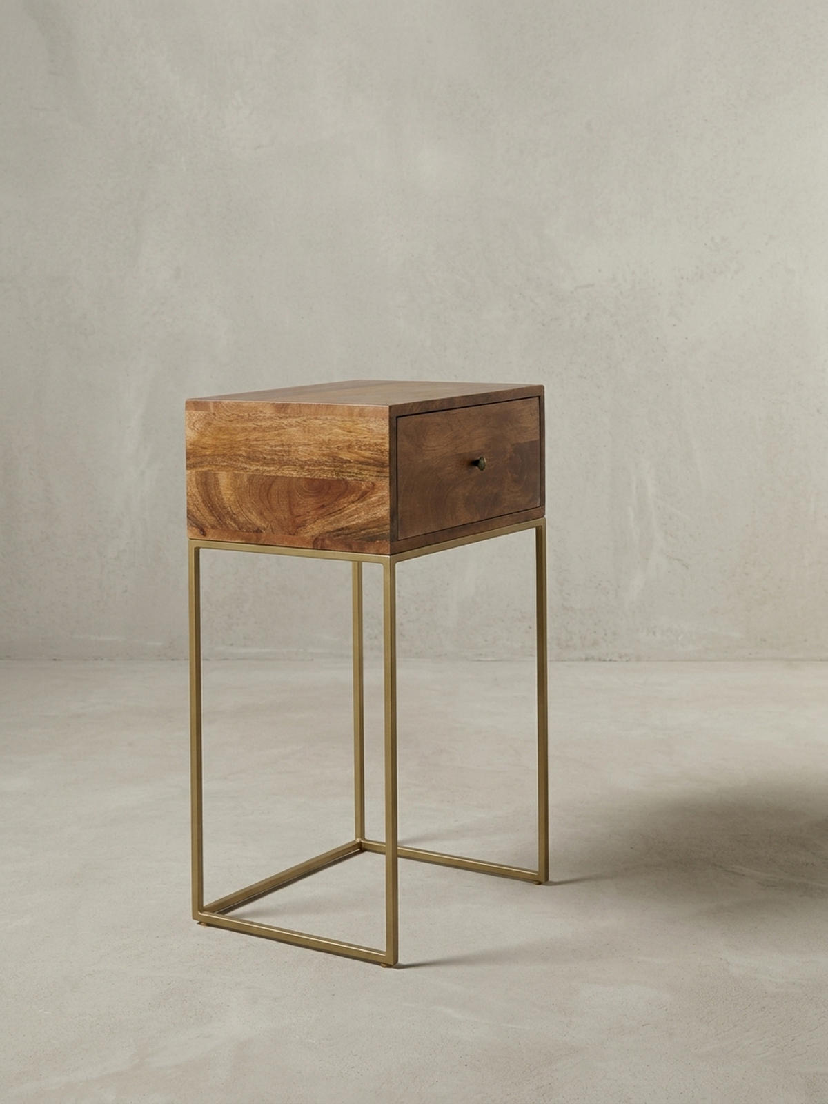 NACHTTISCH – Mango Massivholz/Metall, 1 Schublade, Industrial-Stil - Goldfarben/Braun, Holz/Metall (40/75/35cm) - KADIMA DESIGN