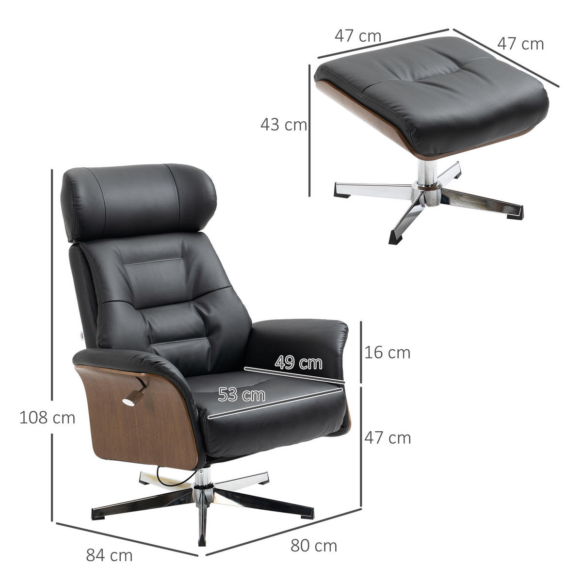 RELAXSESSEL mit Hocker, Fernsehsessel mit Liegefunktion Ruhesessel, TV-Sessel - Silberfarben/Schwarz, Leder/Metall (84/108/80cm) - HOMCOM