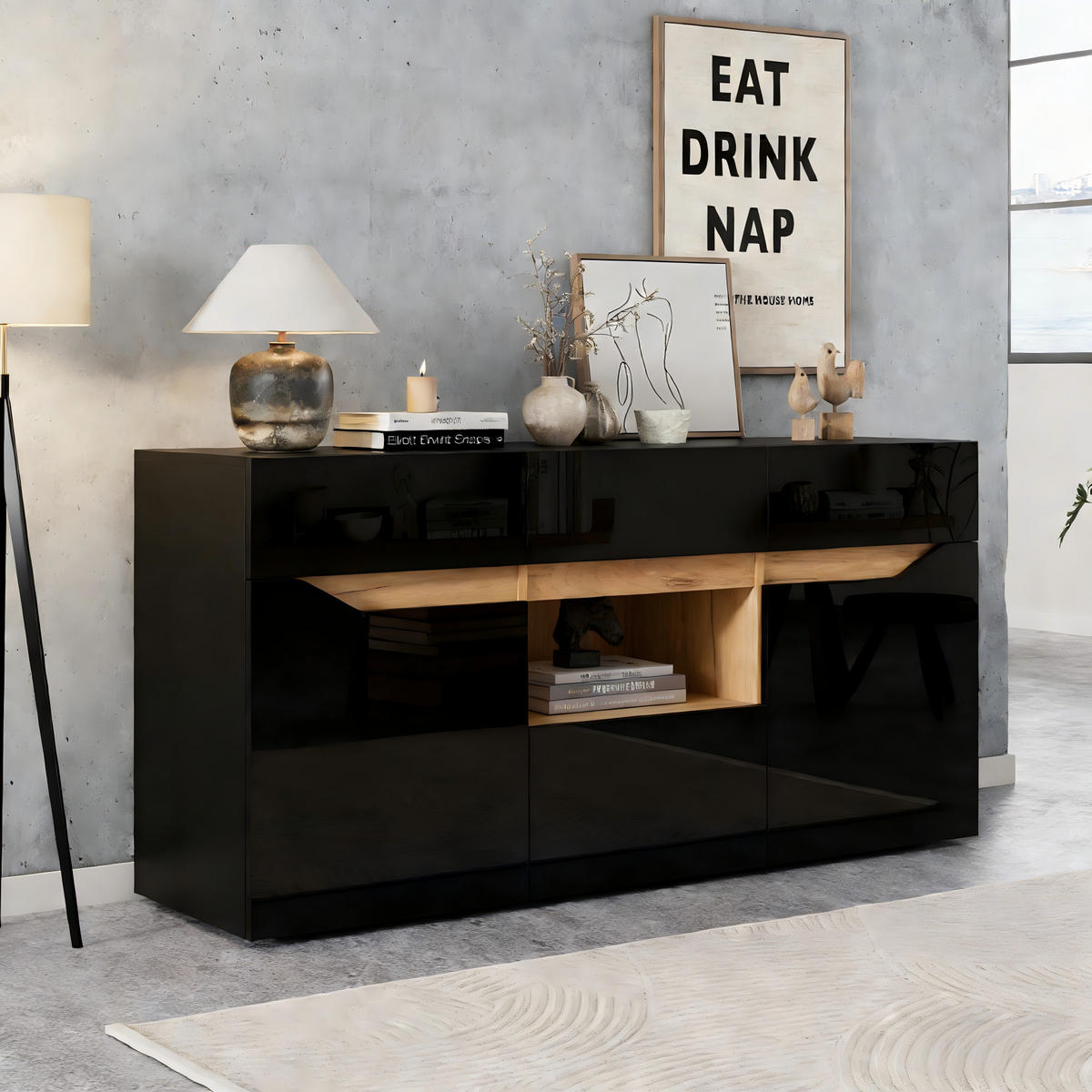 SIDEBOARD aus Spanplatte 140x40x70 cm Schwarz/Naturholz mit LED-Beleuchtung, 4 Schubladen, 2 Schränken und Hochglanz-Front - Schwarz, Holzwerkstoff (140/70/40cm) - Modfu