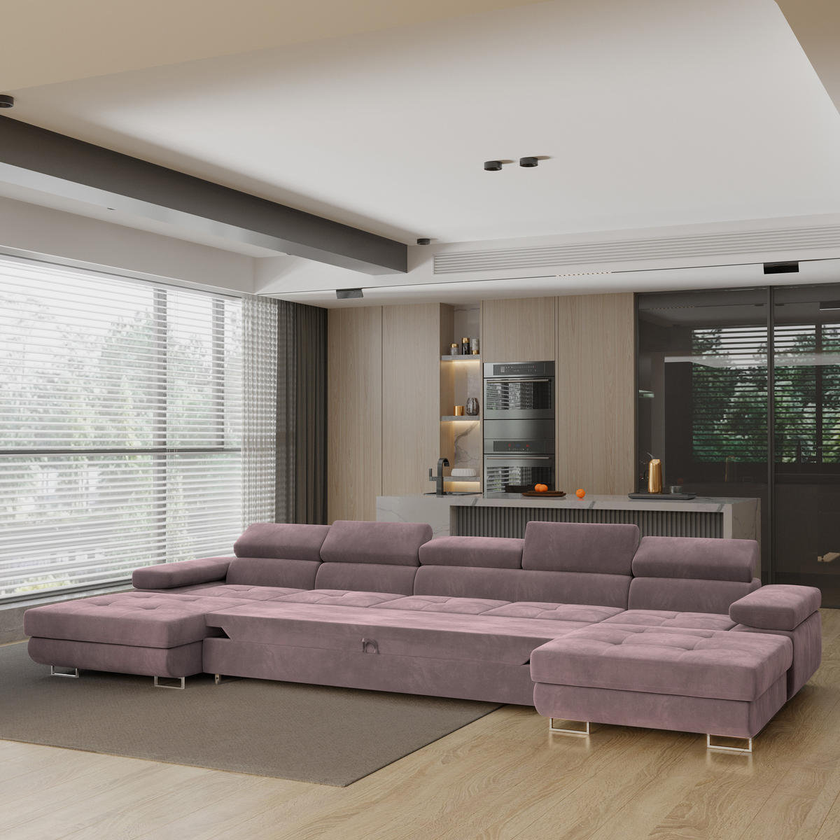 WOHNLANDSCHAFT OMBRA Lila Velours-Stoff mit Schlaffunktion - Lila, Holz (425/90/202cm) - MASSENO