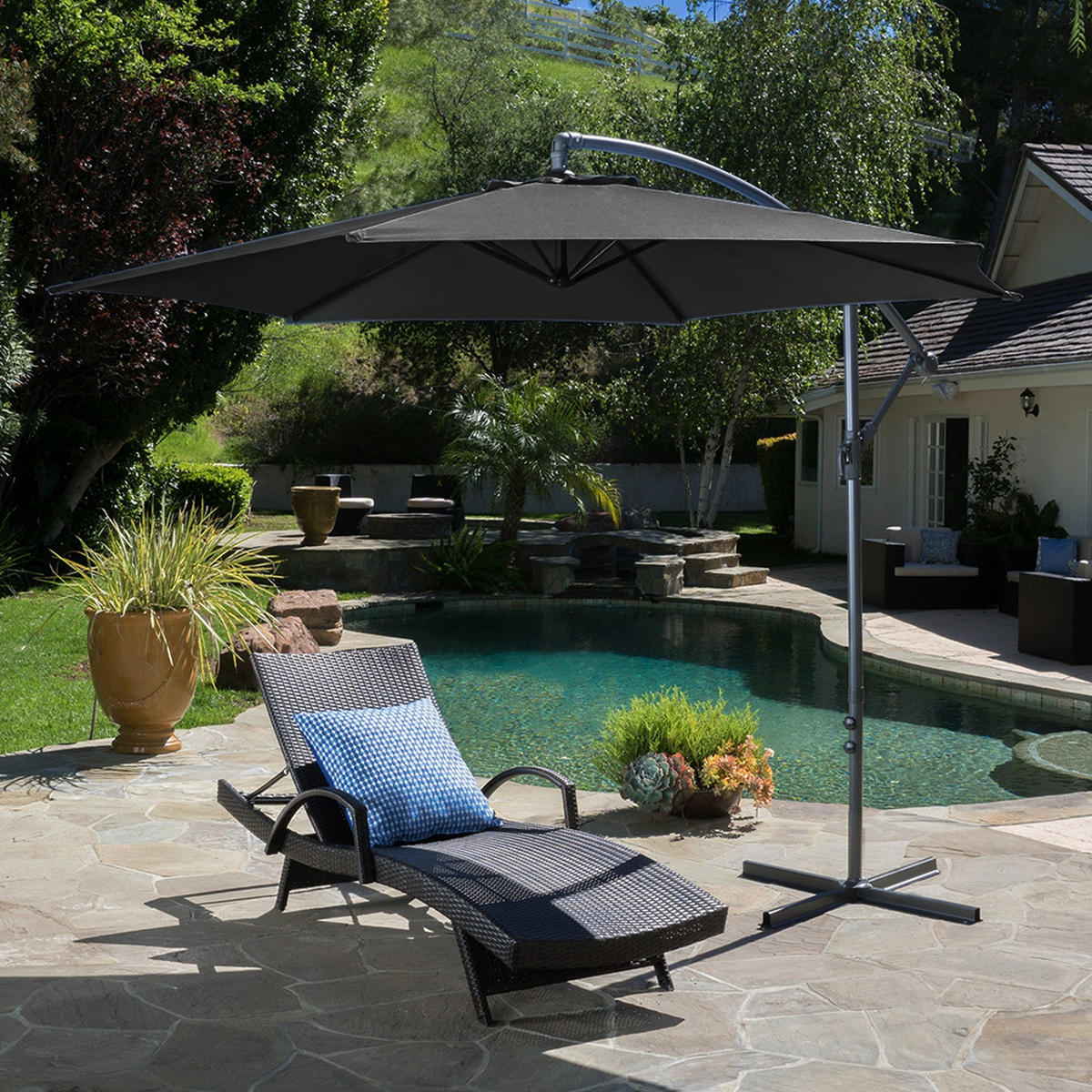 AMPELSCHIRM mit Kreuzständer aus Polyester Metall in Schwarz drehbar 360° neigbar 60° 3 x 2.6m Garten Balkon - Schwarz, Metall (300/240cm) - Livingandhome