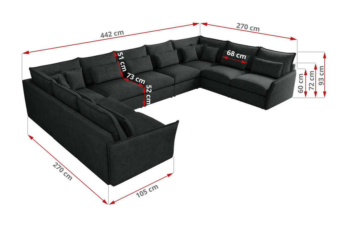 WOHNLANDSCHAFT VERSO U 9M Dunkelgrau Struktur - Dunkelgrau/Schwarz, Kunststoff/Textil (442/93/270cm) - MKS