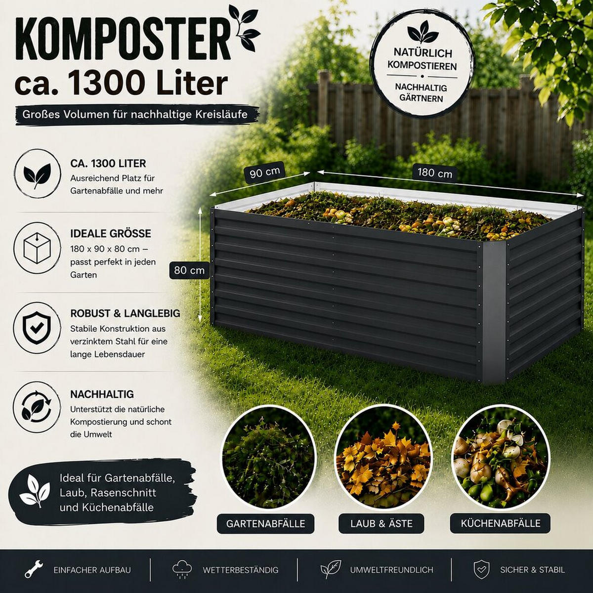 KOMPOSTER Garten, Anthrazit, 180 x 90 cm - Anthrazit, Metall (180/80/90cm) - Vicco