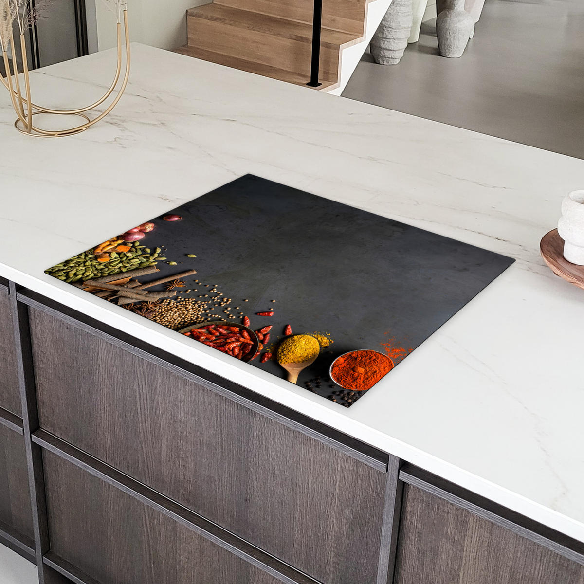 HERDABDECKPLATTE Kräuter - Lebensmittel - Gewürze - Schwarz - Paprika - Zimt Induktionsmatte 77x59 cm - Currygelb, Kunststoff (77/59/0.2cm) - MuchoWow