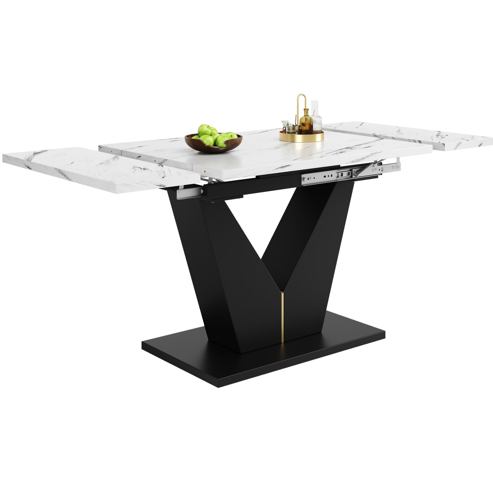 Modfu JÍDELNÍ stůl z MDF a kovu 99–159x75x75 cm bílá/černá rozkládací se širokou deskou a V nohami
