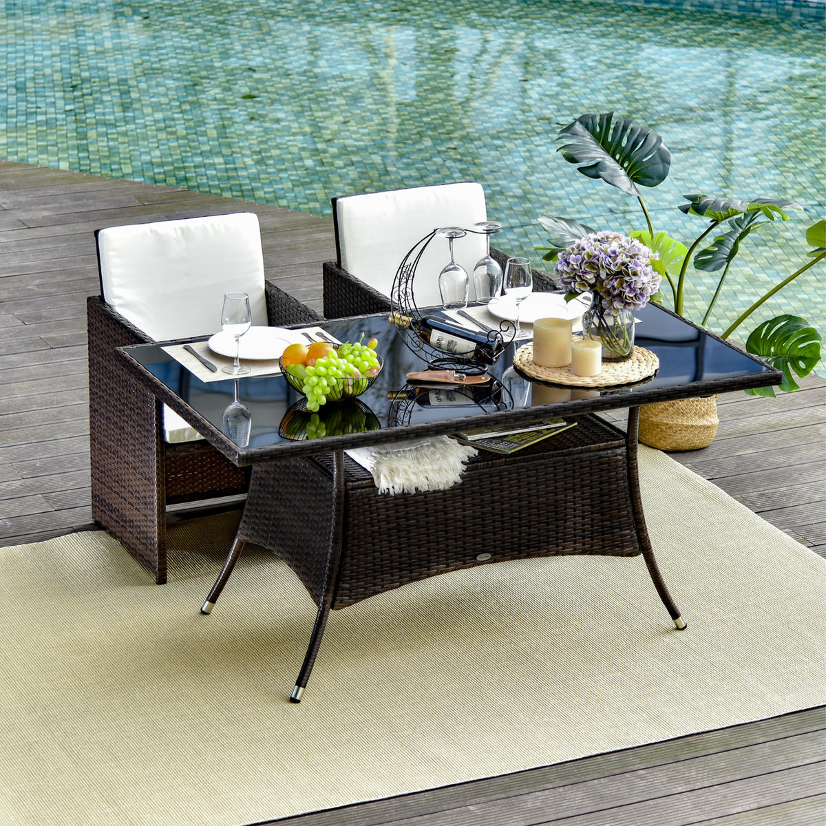 GARTENTISCH aus Polyrattan 150x85x74 cm Braun mit Sicherheitsglas - Braun, Metall (150/85/74cm) - Modfu