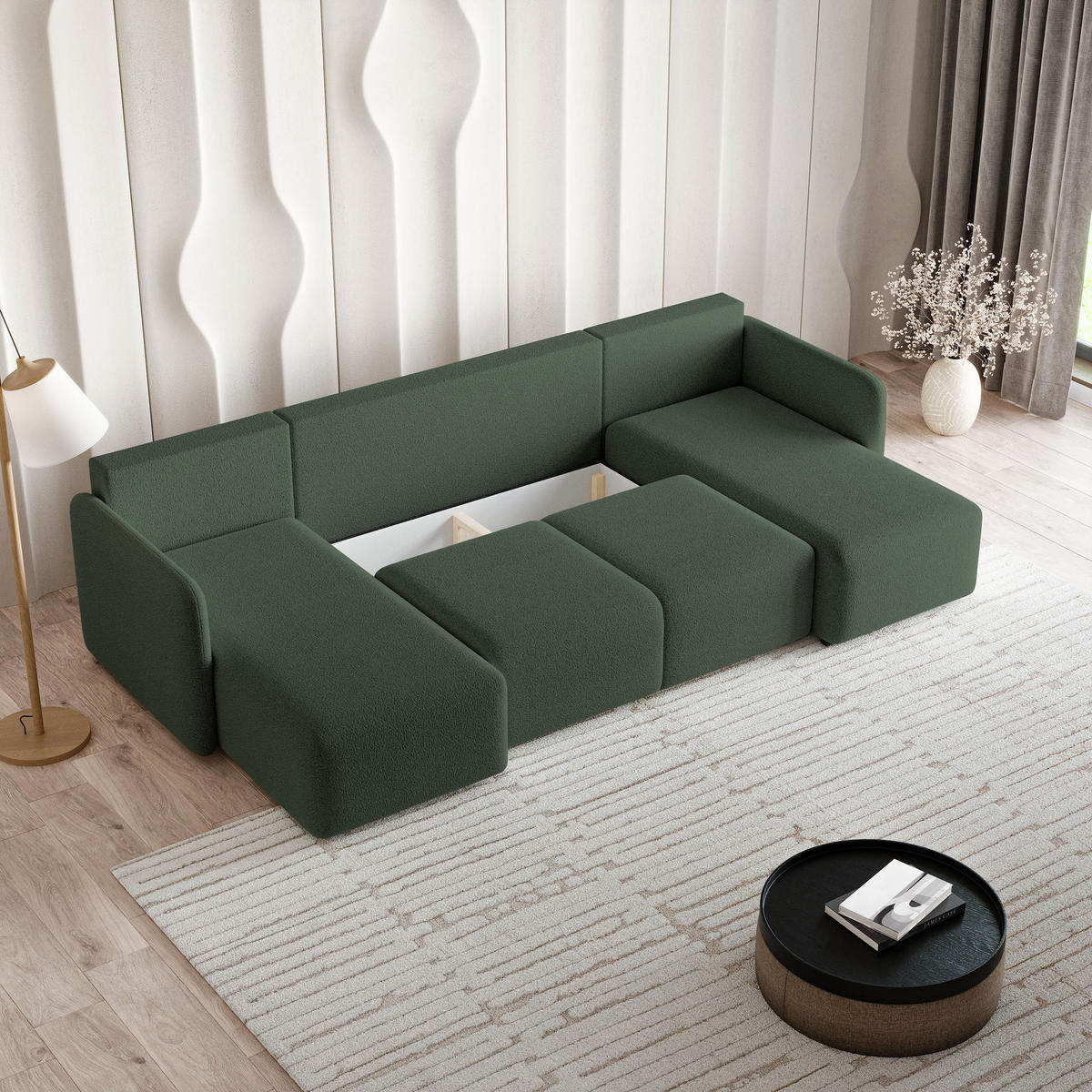 WOHNLANDSCHAFT NUBERO Grün Boucle-Stoff mit Schlaffunktion - Grün, Holz (285/85/143cm) - MASSENO