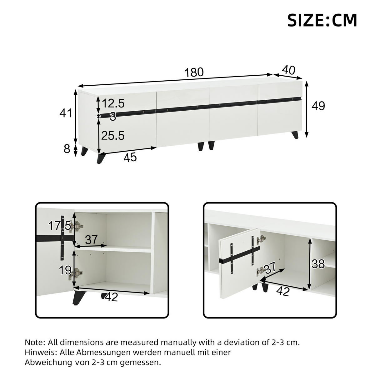 LOWBOARD 180/40/49 cm in Weiß Hochglanz mit 4 Schränken und verstellbaren Einlegeböden - Weiß, Holzwerkstoff (180/49/40cm) - Flora Grace