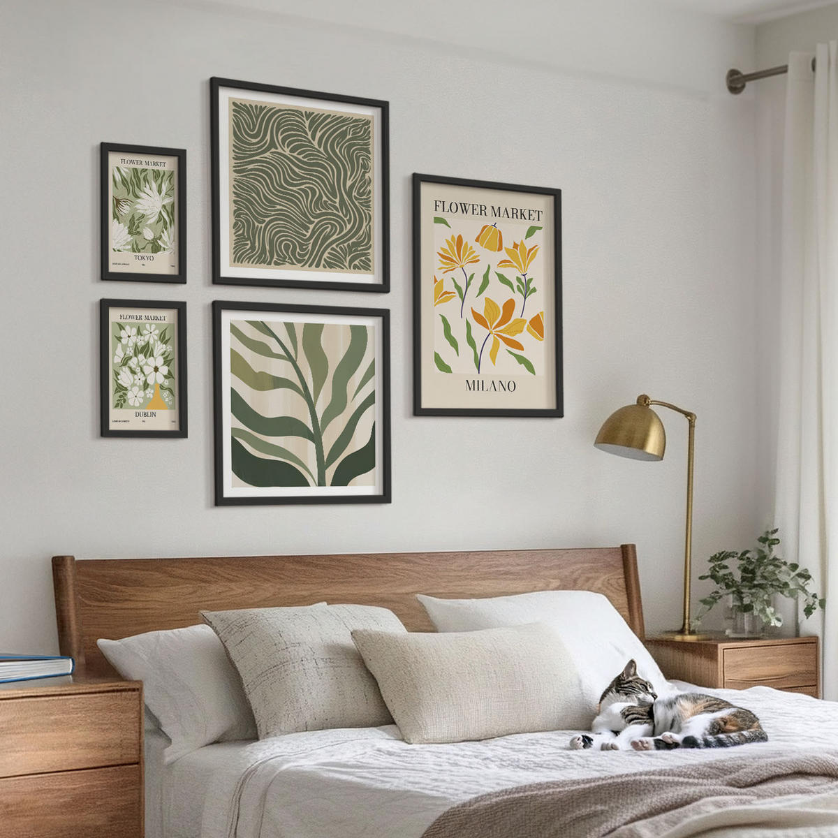 WANDBILDER 5er-Set - 50x50 cm & 20x30 cm & 40x60 cm Schwarzer Rahmen - Pflanzenmuster, Boho-Dekorationen - Schwarz, Kunststoff (40/60cm) - ArtPrintCave