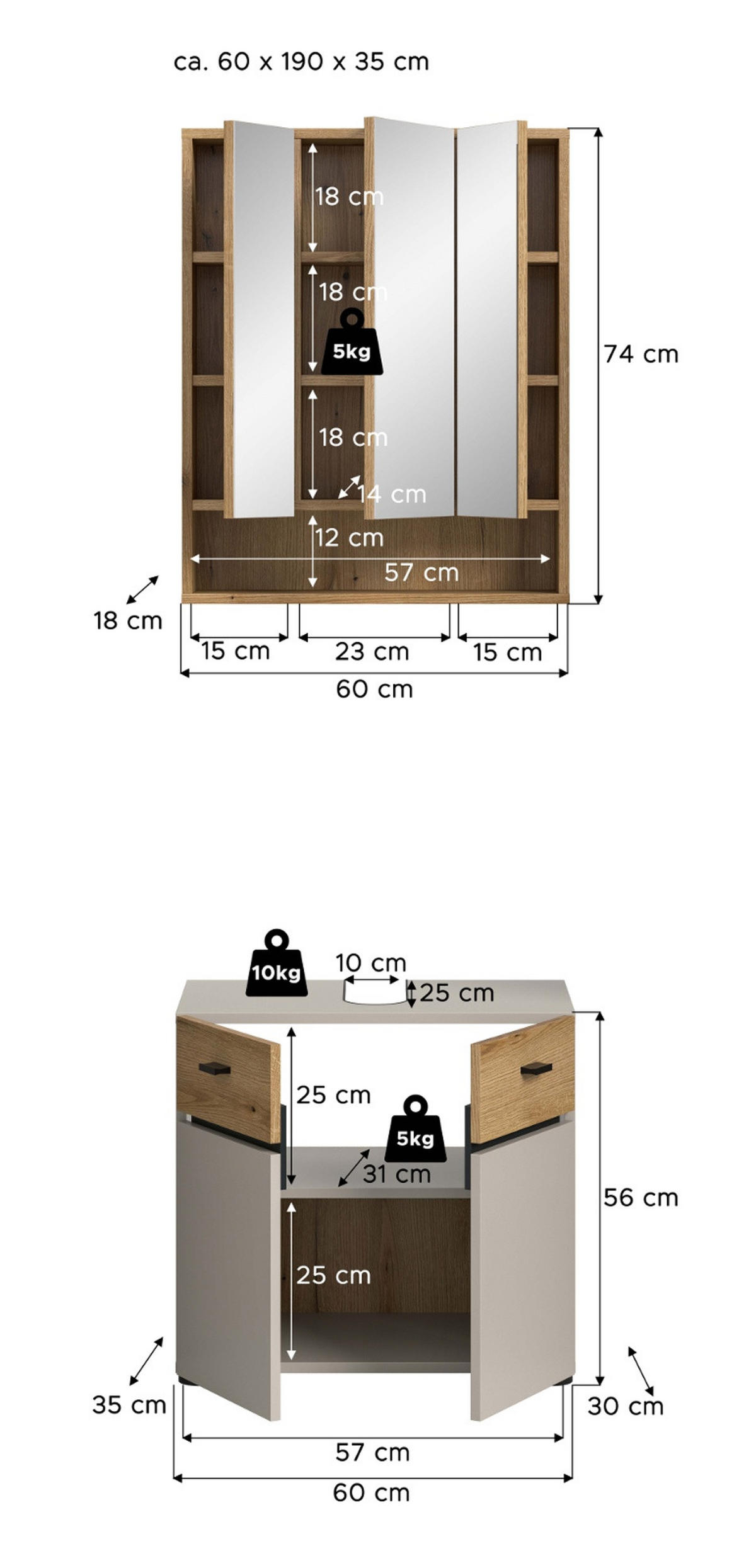 BADMÖBEL-SET Kaschmir, Evoke Eiche 2-teilig 60 cm, Badkombination in modernem Design - Kaschmir/Eichefarben, Glas/Holzwerkstoff (60/191/35cm) - Inn.Furn