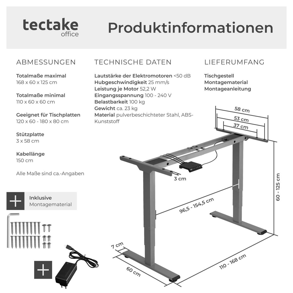TISCHGESTELL Twain,110 - 168 x 60 x 60 - 125 cm,grau - Grau, Textil (60/168/125cm) - tectake