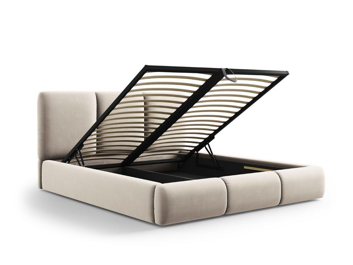 BETT mit Bettkasten und Kopfteil Nicolas aus Samt leichtes beige 200x200cm - Creme, Textil (200/200cm) - Cosmopolitan Design