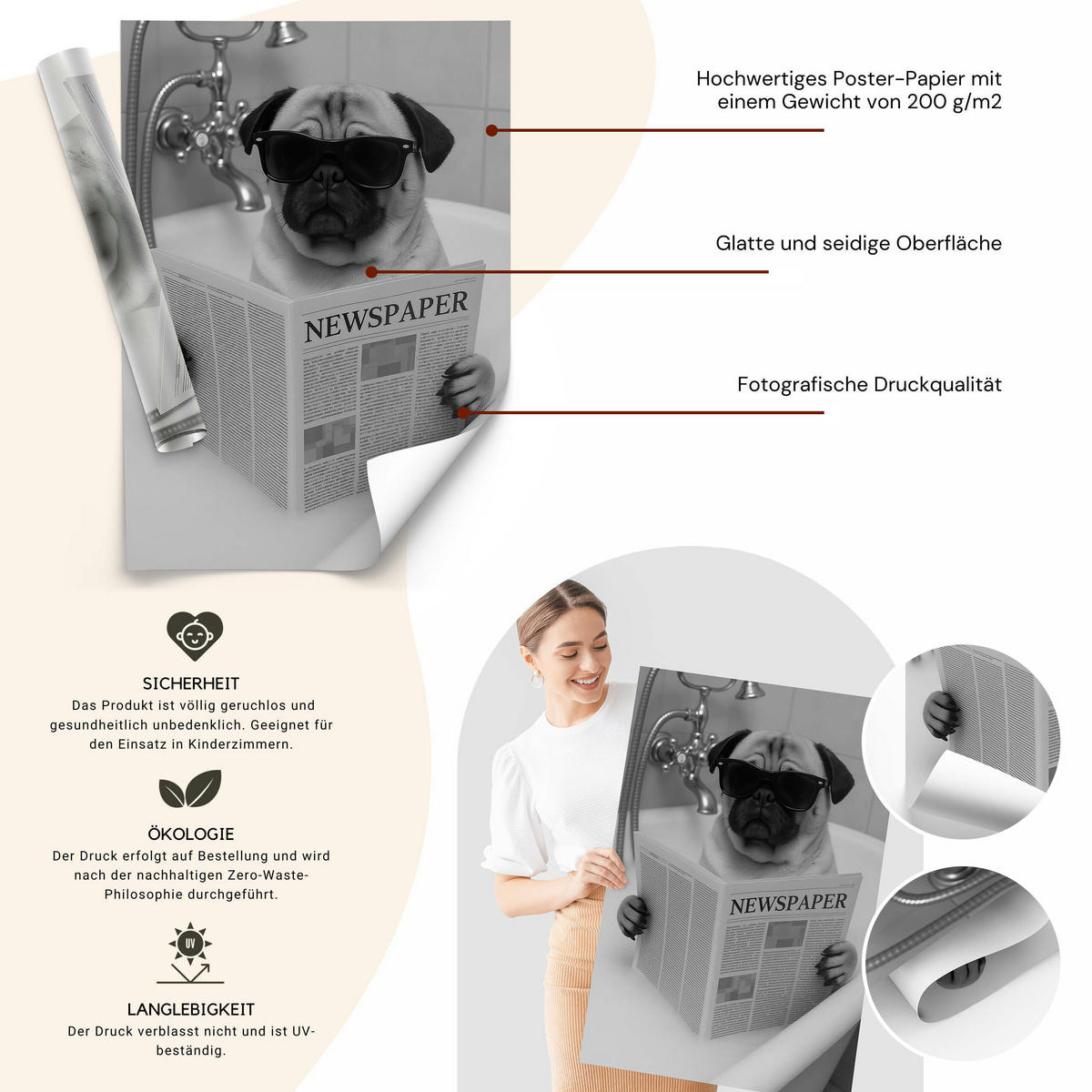 POSTER Badezimmer WC Mops Badewanne Zeitung Abstraktion 30x40cm - Schwarz/Weiß, Papier (30/40/1cm) - Muralo