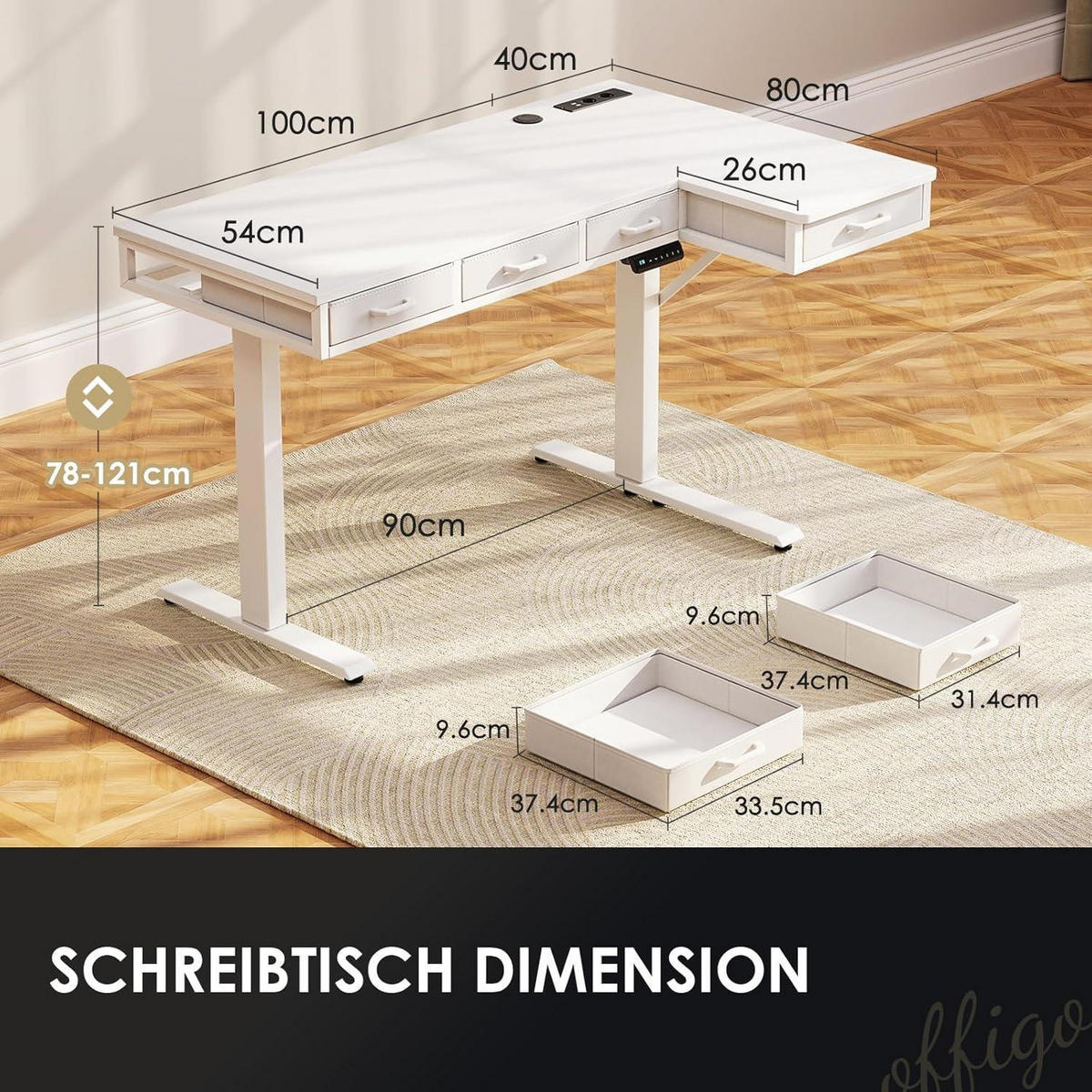 ECKSCHREIBTISCH höhenverstellbar 140 x 80 cm Weiß mit 4 Schubladen - Weiß, Holzwerkstoff (80/140/72cm)