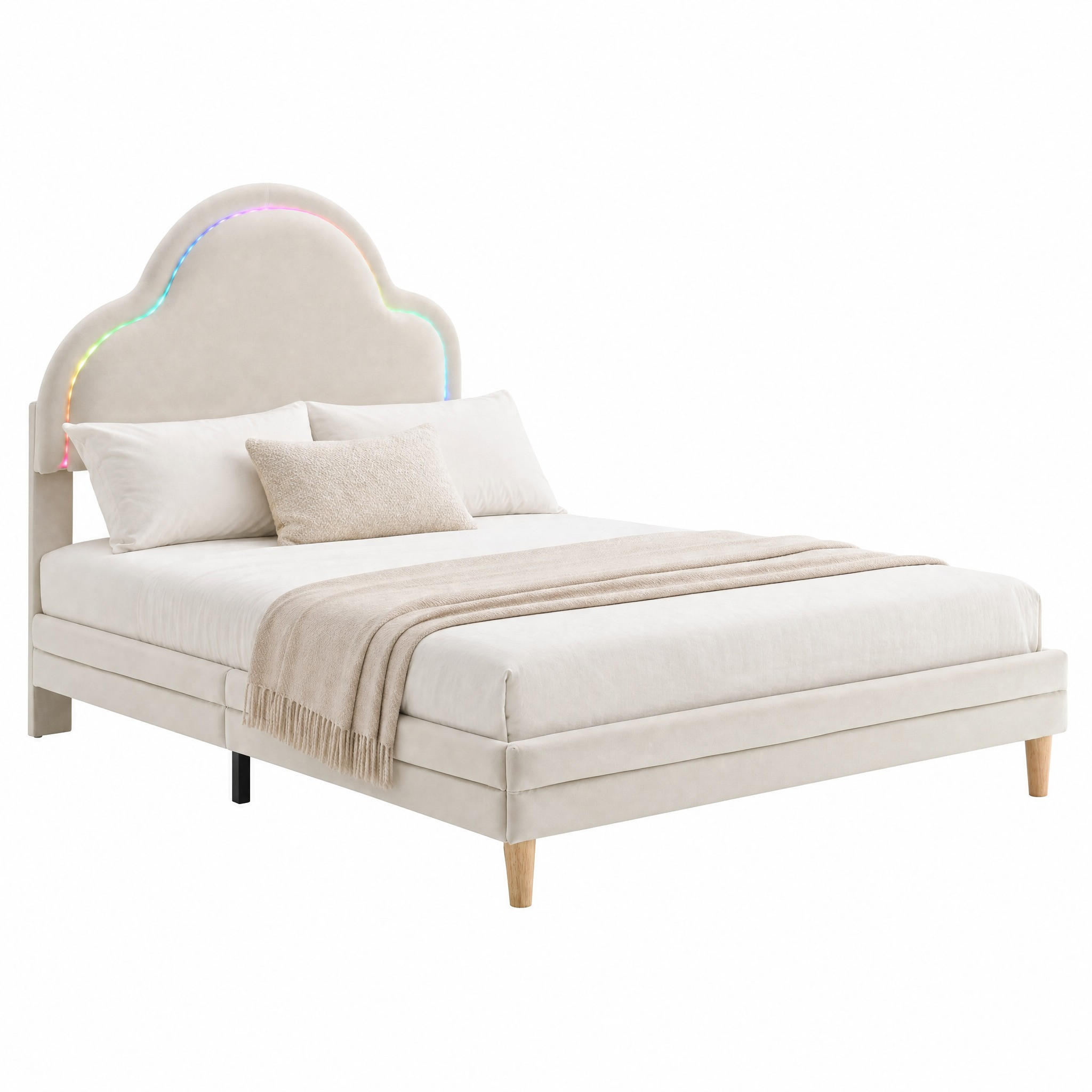 KINDERBETT mit Wolken-Kopfteil und LED 90x200 cm Samt Beige - Beige, Holz (90/200cm) - Meubliv