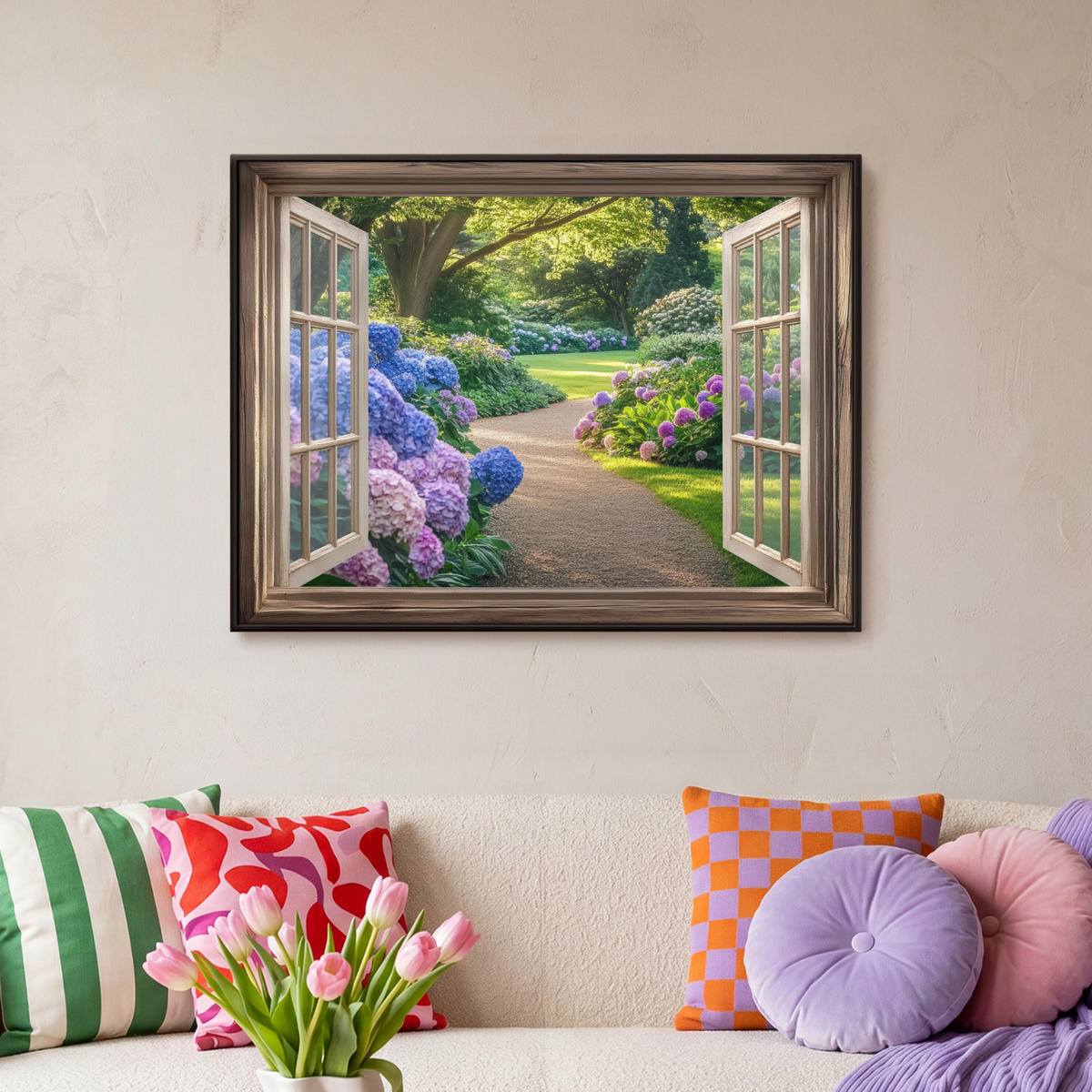 LEINWAND Bilder mit Rahmen - Aussicht - Garten - Fenster - Hortensie - Blumen - 70x50 - Pastellblau, Textil (70/50cm) - MuchoWow