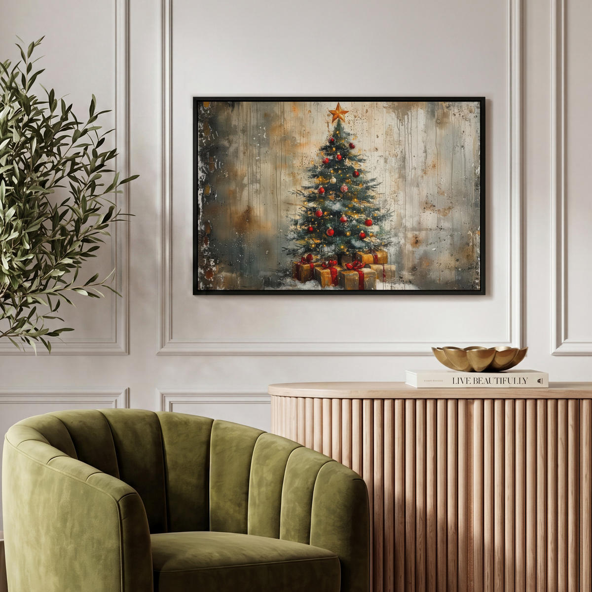 LEINWAND Bilder mit Rahmen - Weihnachtsbaum - Vintage - Weihnachten - Geschenk - 60x40 - Rostfarben, Textil (60/40cm) - MuchoWow