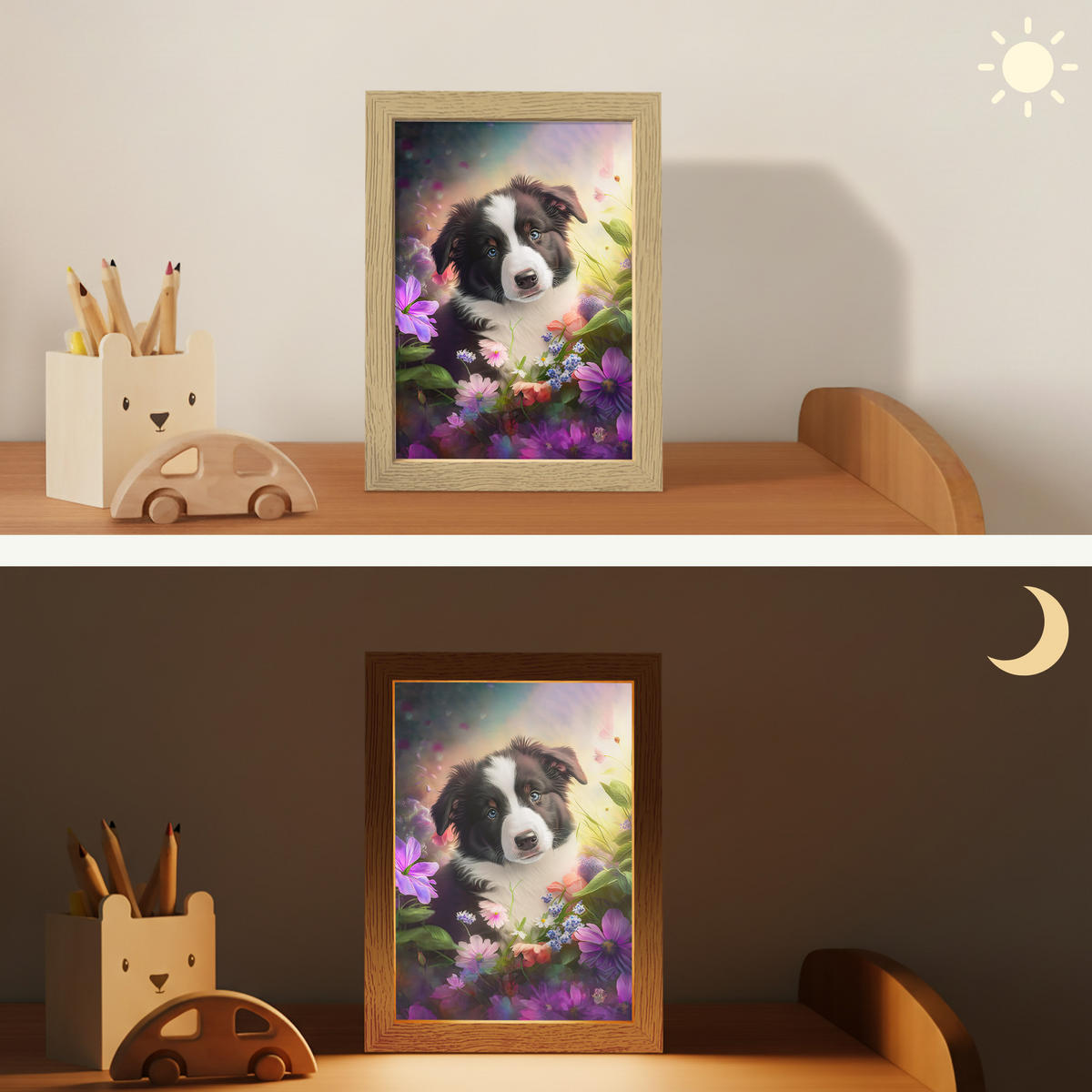 NACHTTISCHLAMPE Welpe - Sonne - Blumen - Natur - Border Collie - Hund 15x20 cm - Violett, Holzwerkstoff (8/15/20cm)