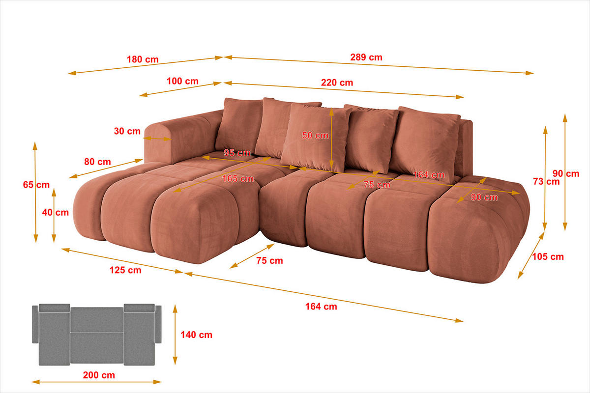 ECKSOFA Ottomane Links CLOUD-L-v1 289x180x40 Apricot Velours - Koralle, Holzwerkstoff/Kunststoff (180/289cm) - ALTDECOR