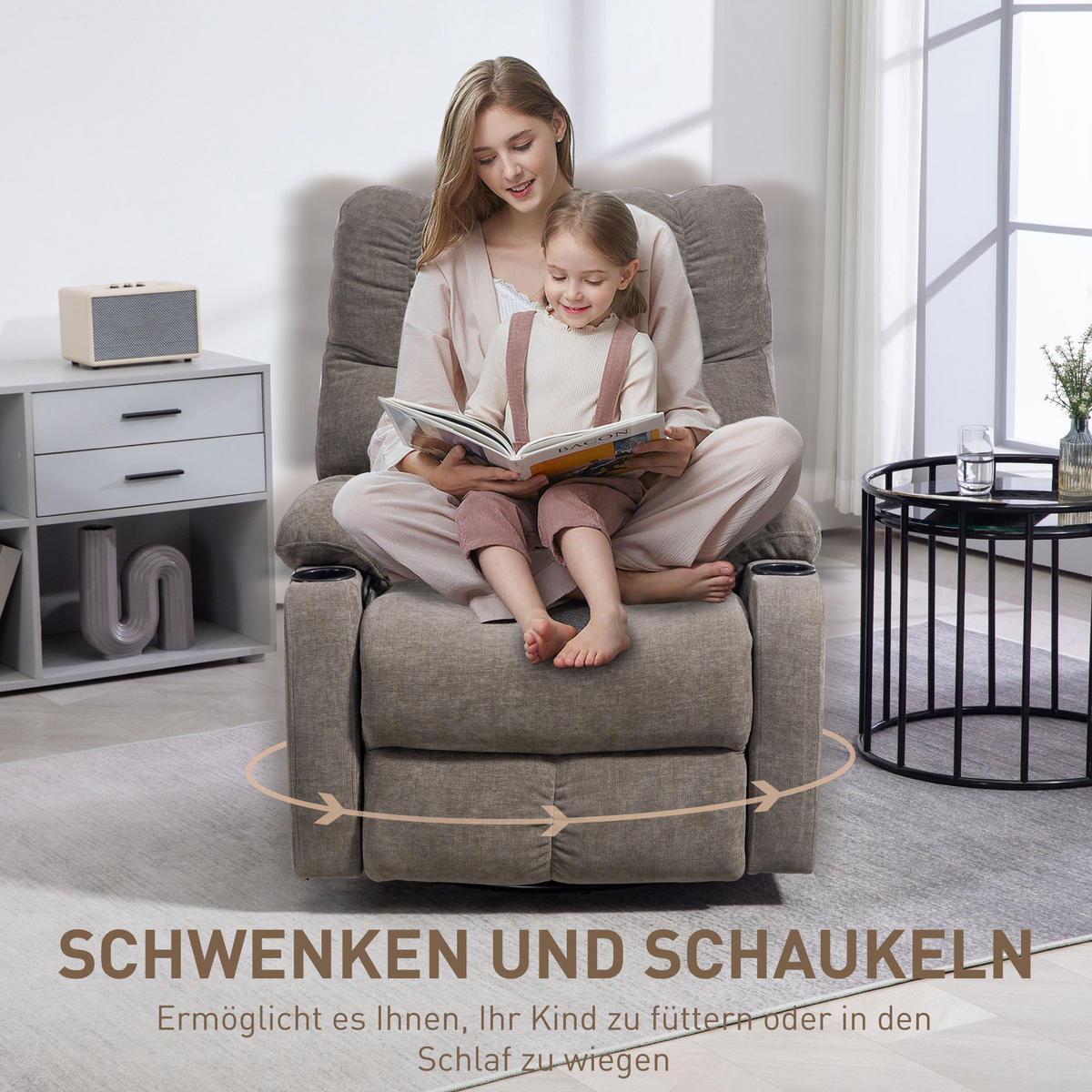 RELAXSESSEL Drehbar Fernsehsessel mit Liegefunktion, Schaukelfunktion Hellbraun - Hellbraun/Schwarz, Textil (96/108/88cm) - HOMCOM