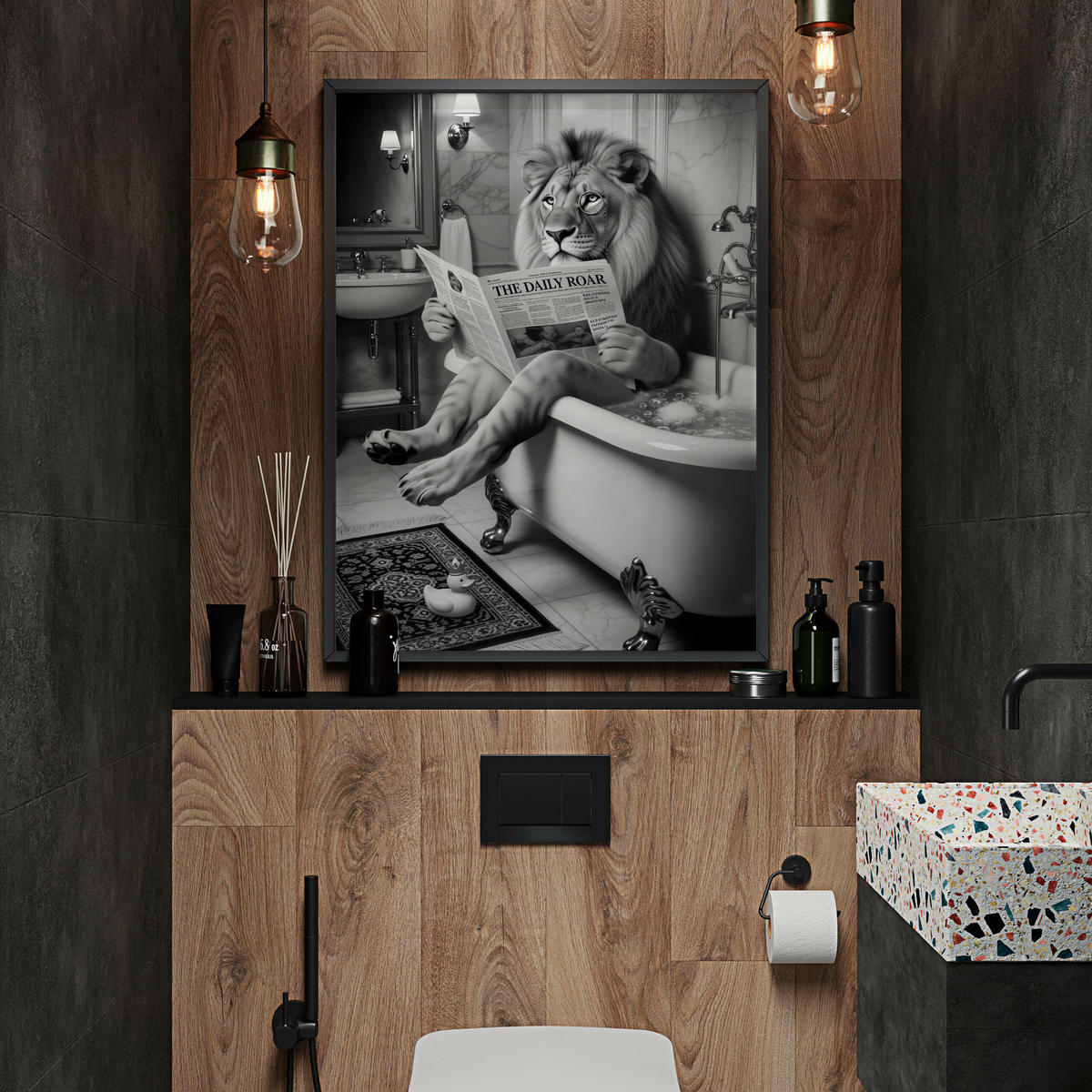 POSTER für Badezimmer WC LÖWE in Badewanne Zeitung Abstraktion 20x30cm - Schwarz/Weiß, Papier (20/30/1cm) - Muralo