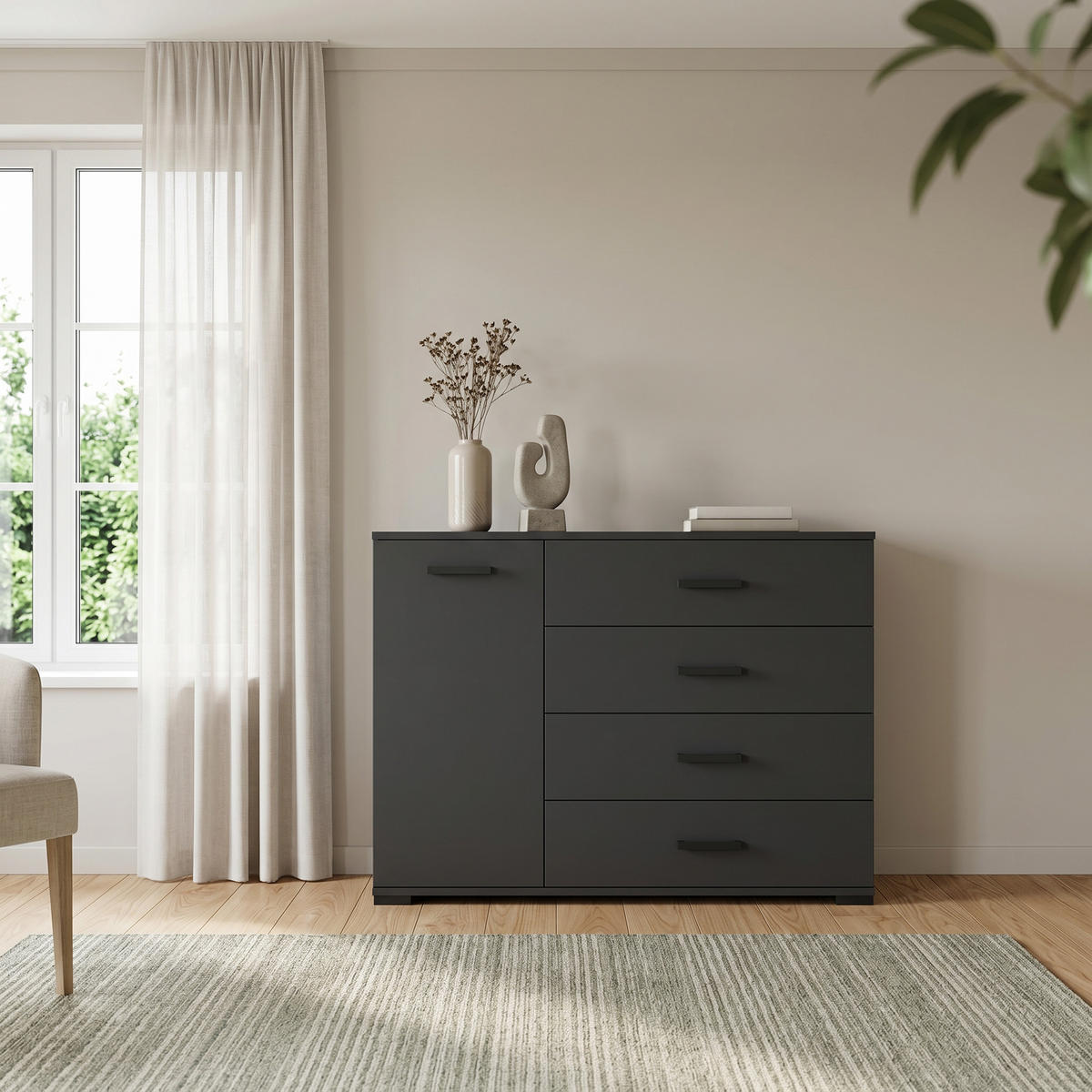 KOMMODE ALBANO 120/83/40cm mit 4 Schubladen 1 Türen Schwarz - Schwarz, Holzwerkstoff (120/83/40cm) - MASSENO