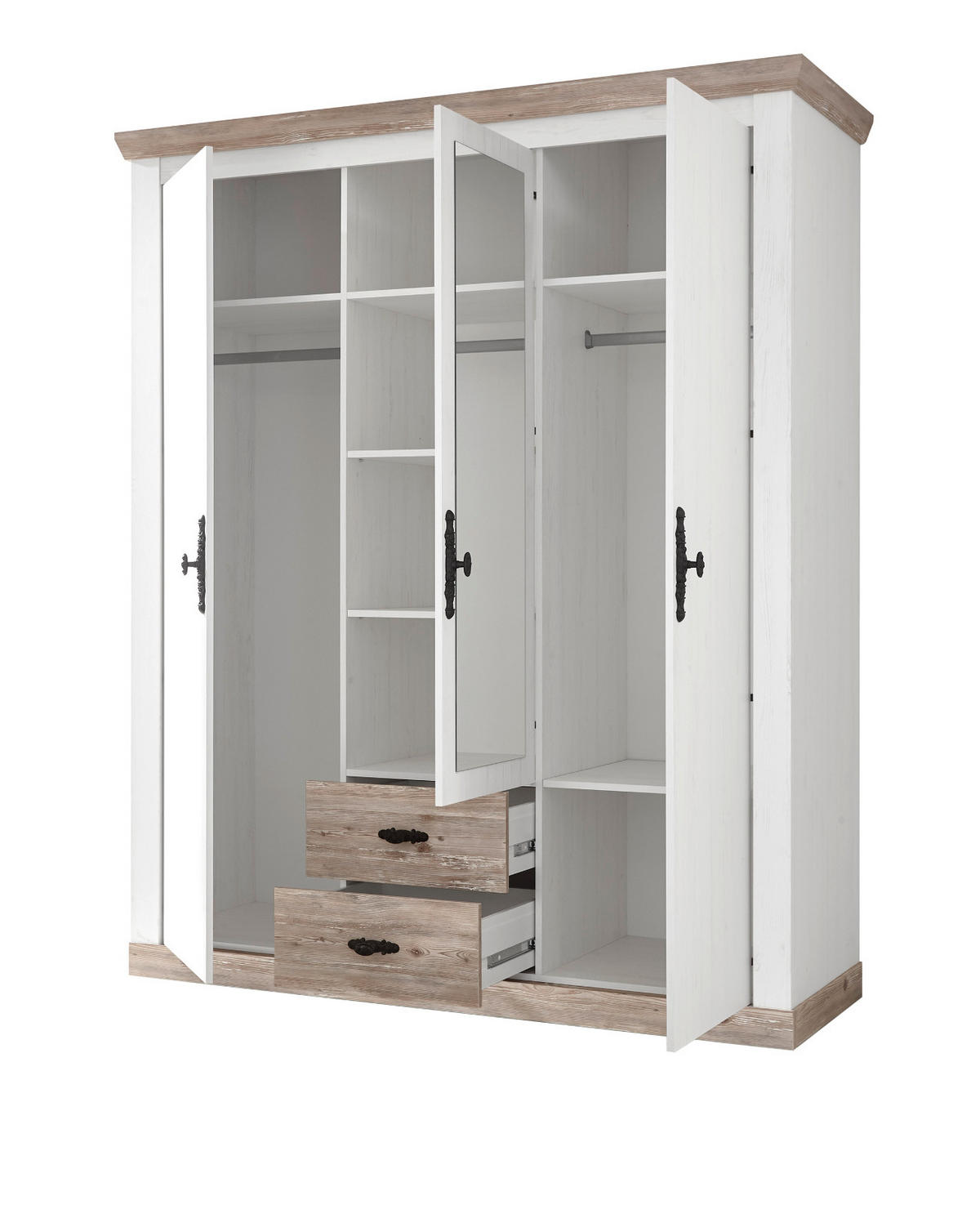 KLEIDERSCHRANK Pinie weiß, Oslo Pinie Landhaus, Drehtürenschrank 3-türig mit Spiegel, 169 x 201 cm - Anthrazit/Weiß, Holzwerkstoff/Metall (169/201/60cm) - Furn.Design