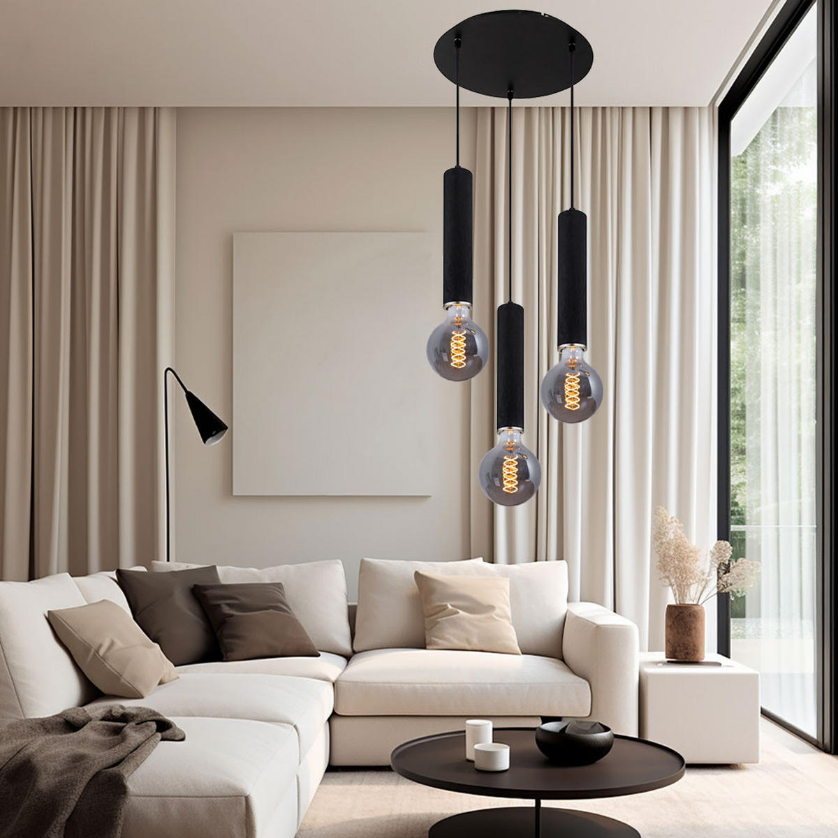 HÄNGELEUCHTE Holzoptik Schwarz 3-flammig - Schwarz, Holz (35/35/160cm) - Globo Lighting