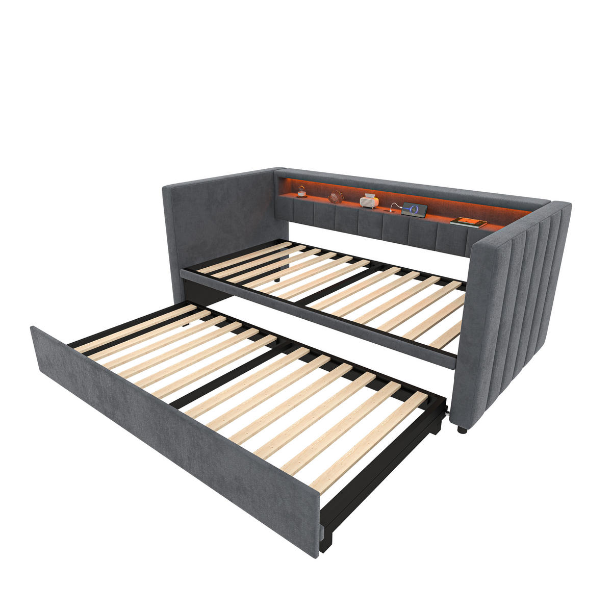 BETT mit Stauraum & Ausziehbett mit USB-C Anschluss und LED-Beleuchtung Beige 196/82-144/85 cm - Dunkelgrau, Textil - OKWISH