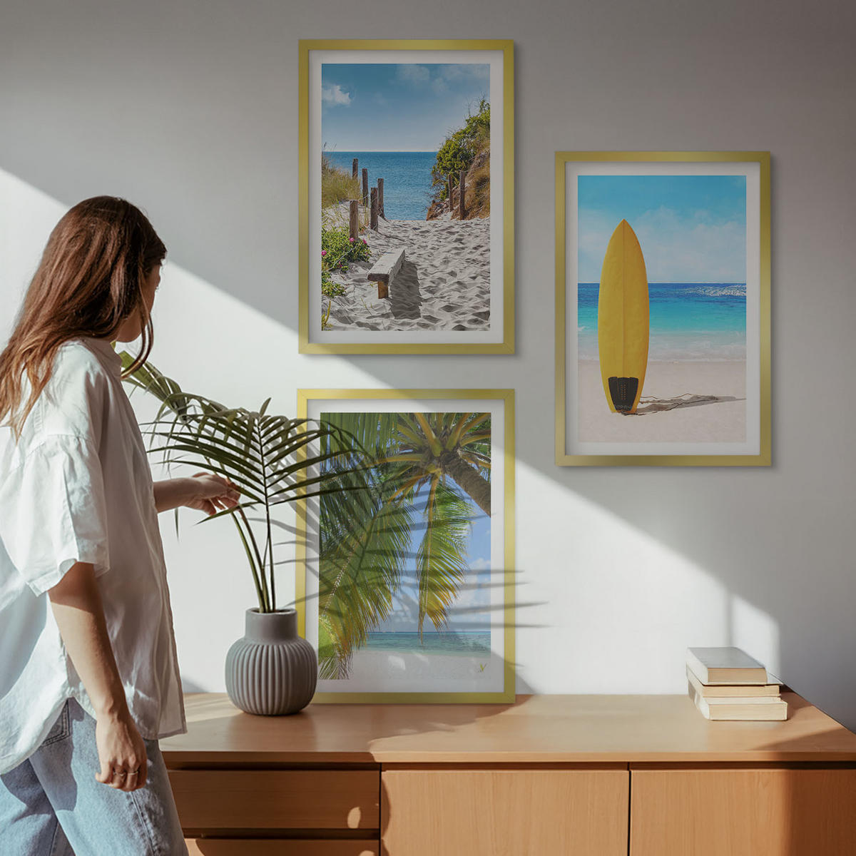 WANDBILDER 3er Set - 40x60 cm Goldrahmen - Urlaubsstrände, Wellen, Palmen - Goldfarben, Kunststoff (40/60cm) - ArtPrintCave