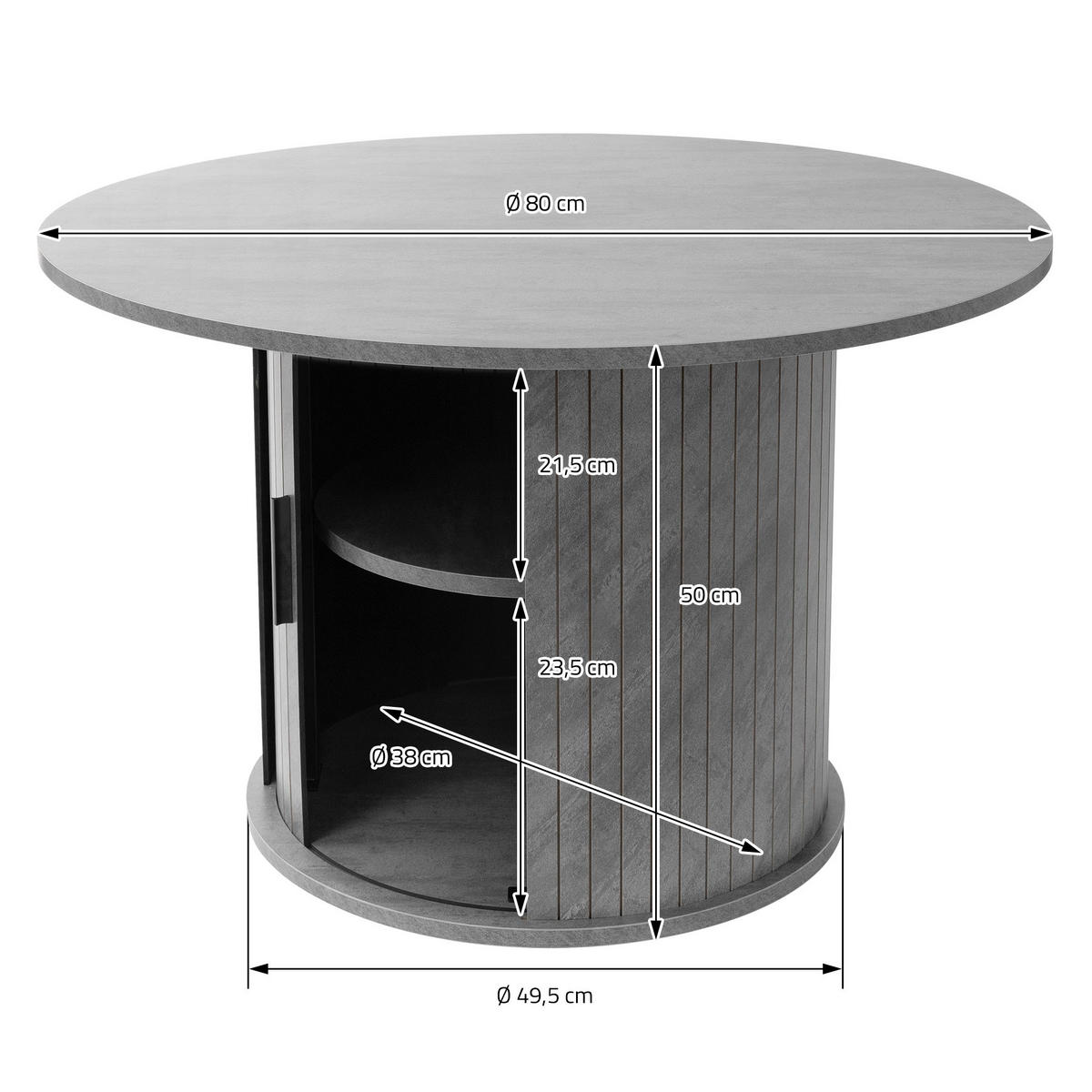 COUCHTISCH mit Schiebetür und Stauraum rund Ø80x50 cm Beton-Optik Grau - Grau, Holz (80/80/50cm) - ML-DESIGN