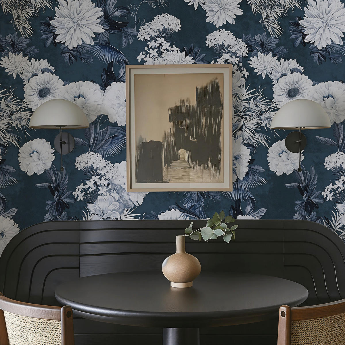 TAPETE Mit Blumen in Marineblau aus echtem Papier, 180x260cm, 2 Rollen - Blau, Papier (180/260cm) - WALLPAPERS4BEGINNERS