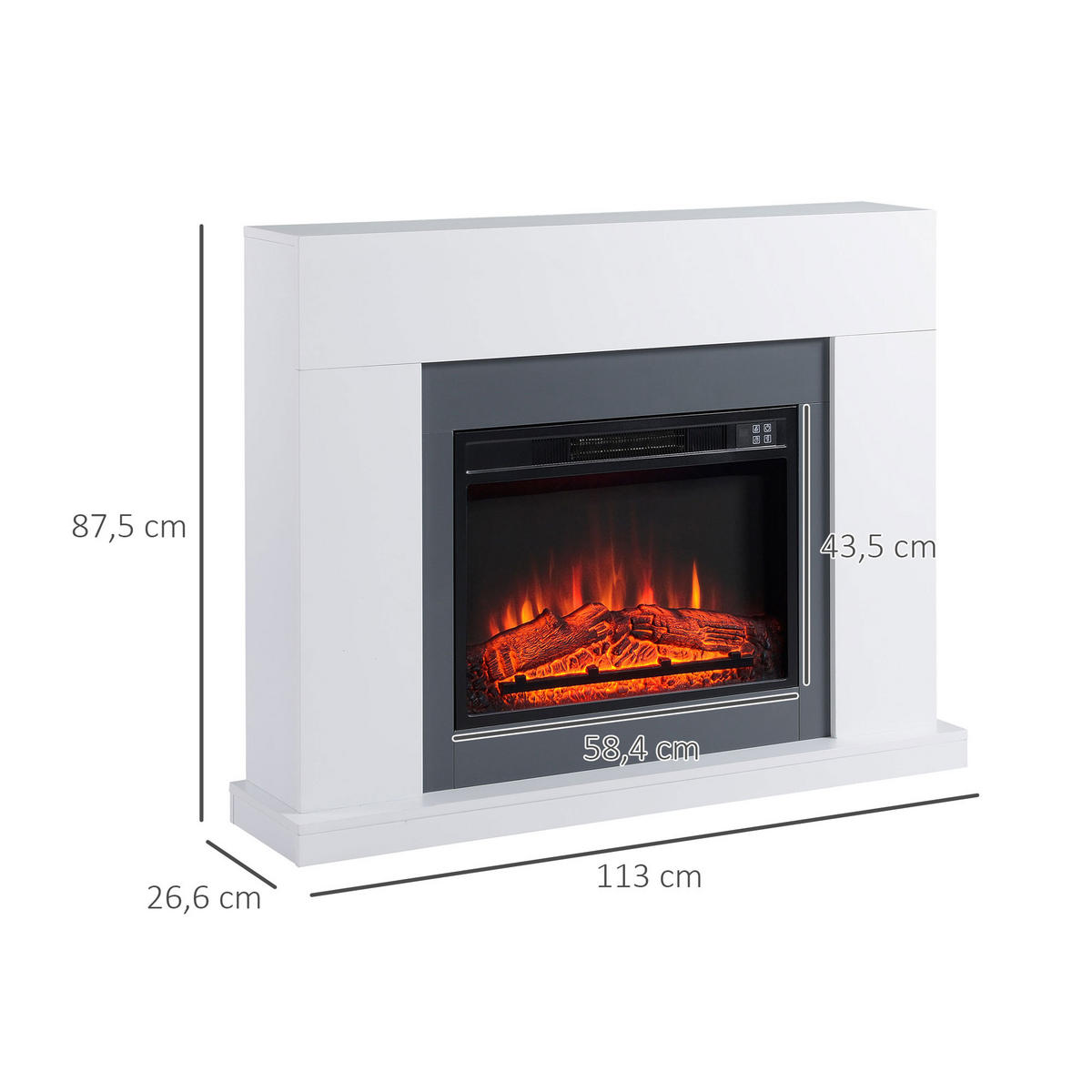 LED Elektrokamin mit Flammeneffekt, 113 x 26,6 x 87,5 cm, Weiß - Weiß, Metall (26.6/87.5/113cm) - HOMCOM