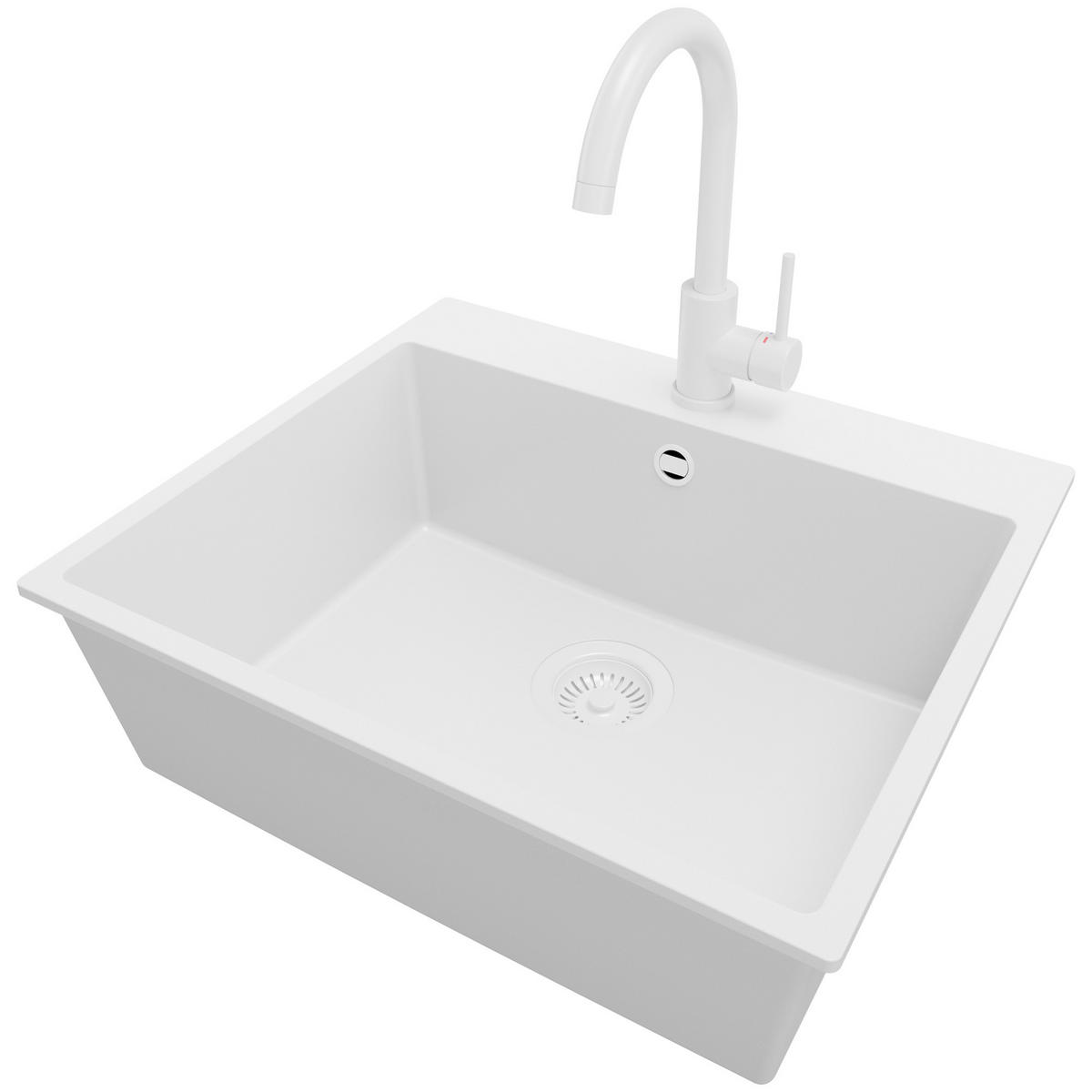 GRANITSPÜLE Riga, 2-er set Alles Weiß 58/50 cm 1 Becken + Küchenarmatur 32/20 cm + Ablauf-Set ab 60er Unterschrank - Weiß, Kunststoff (58/20/50cm) - Primagran