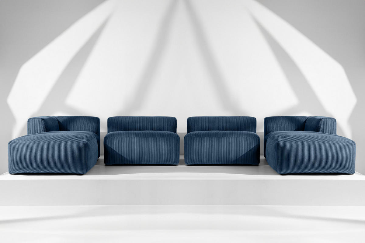 PANORAMA-ECKSOFA BUFFO 7/8 Sitzer mit extrem weicher Sitzfläche, Kordstoff, marineblau - Blau/Grün, Textil (424/73/180cm) - KONSIMO®