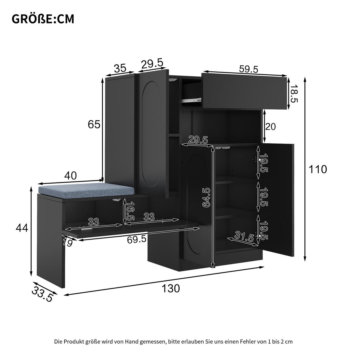 SCHUHSCHRANK 2-in-1 mit Sitzbank Schwarz 130x35x110cm - Schwarz, Holzwerkstoff (35/110/130cm) - FLIEKS