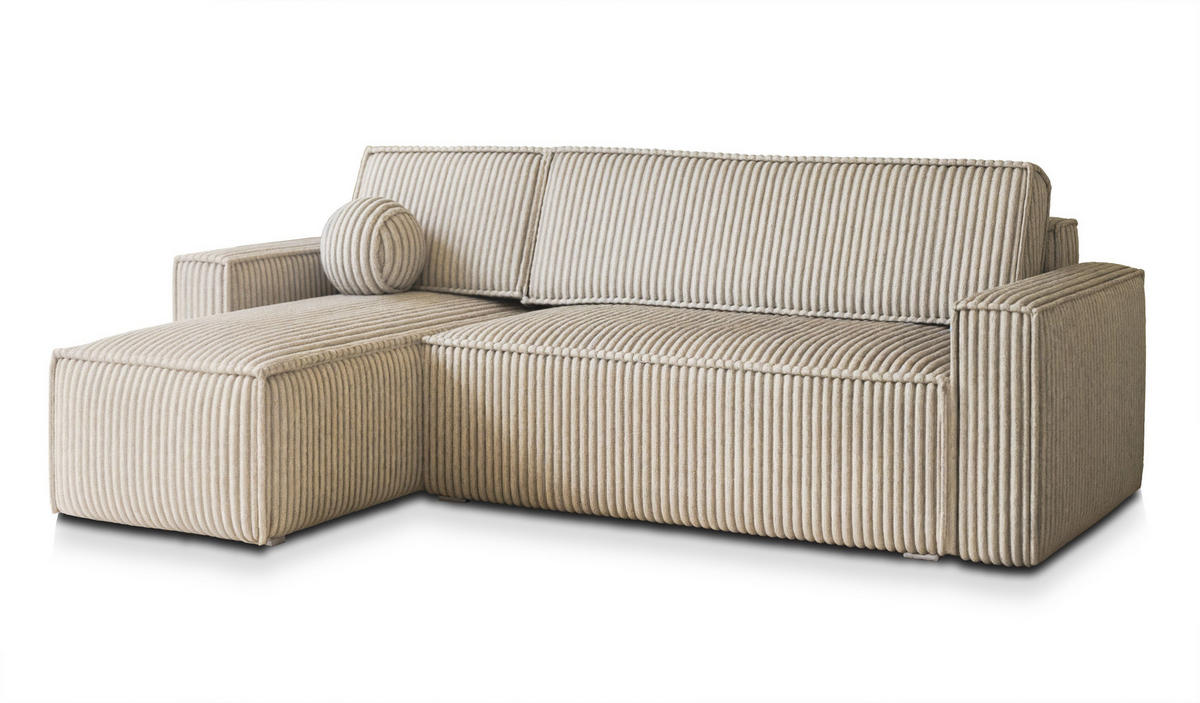 ECKSOFA RAVELO T Creme Kordstoff mit Schlaffunktion - Creme, Holz (240/140cm) - MASSENO