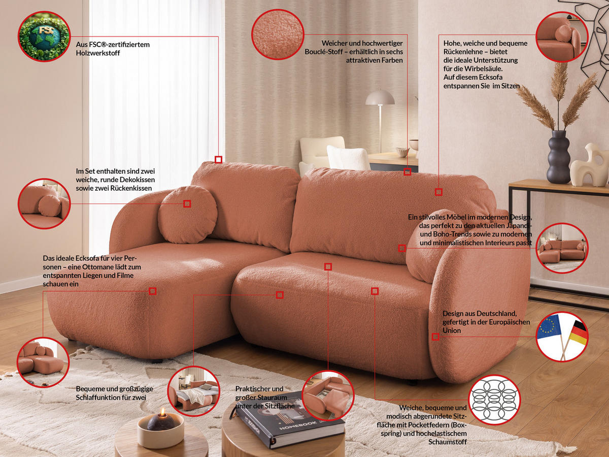 ECKSOFA Candy mit Schlaffunktion Terrakotta Bouclé-Stoff - Ottomane links - Terra cotta/Schwarz, Holz/Kunststoff (230/146cm) - S-Style Möbel